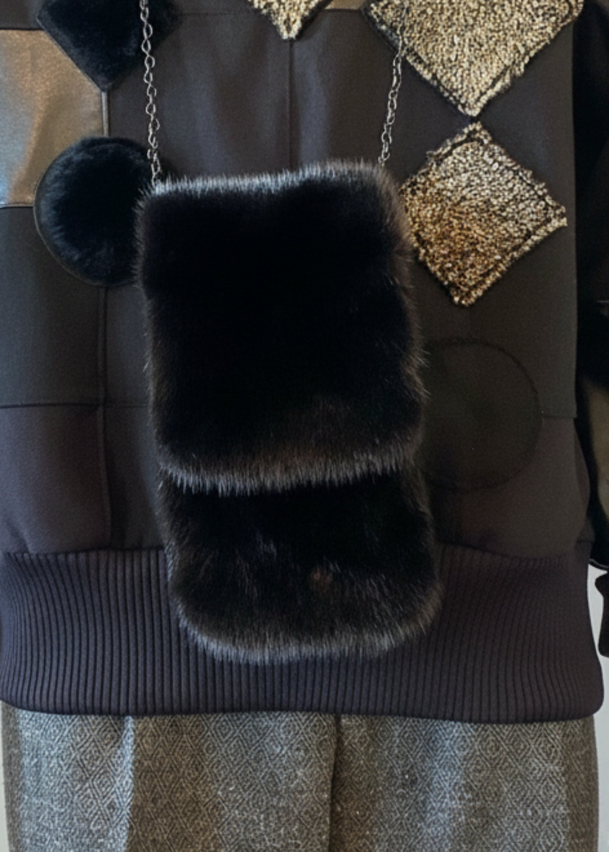 Stacy Stewart Smith Men's Black Gamma mink Sporran Pocket Bag front view hanging from male mannequin 6'3".