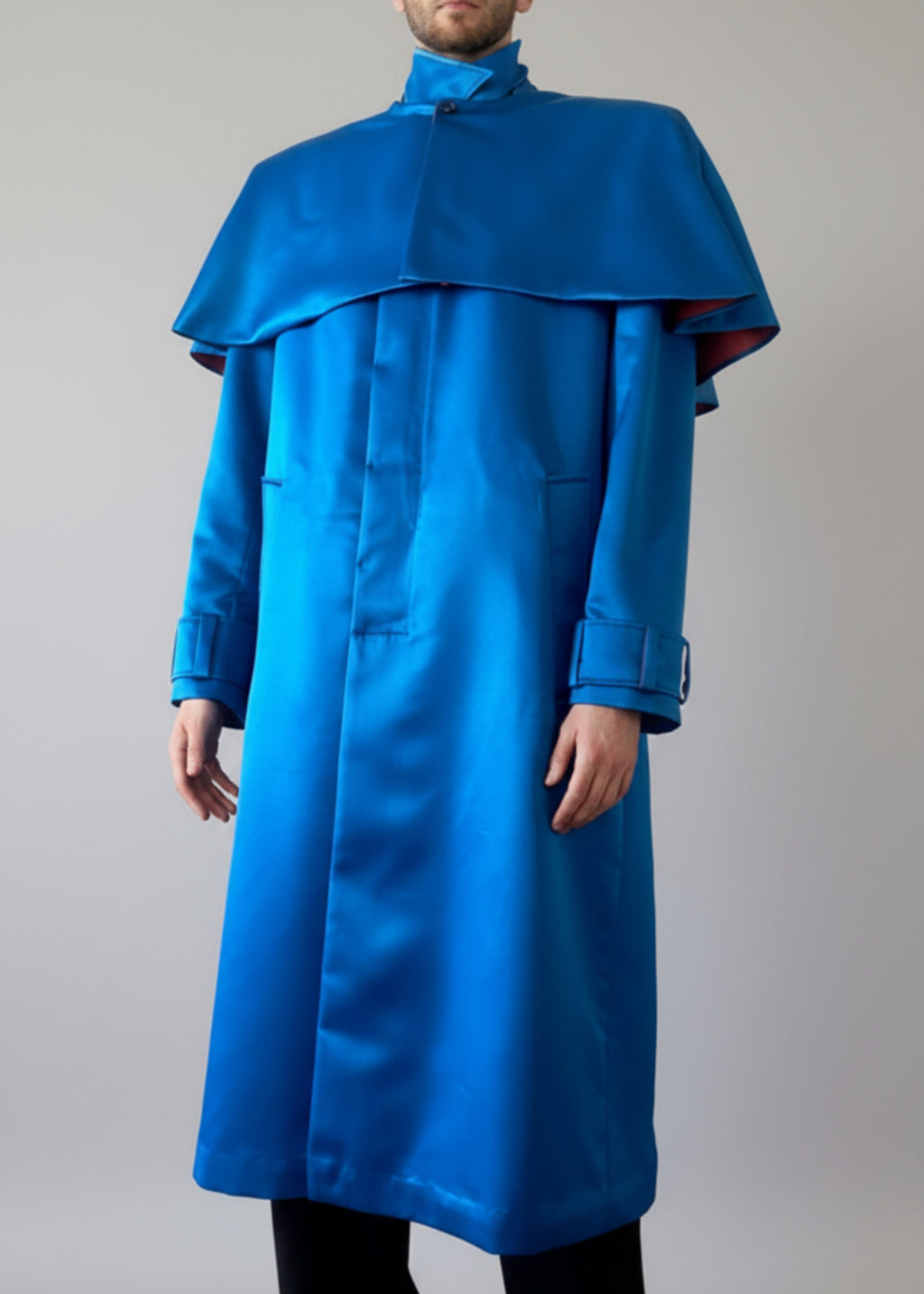 Stacy Stewart Smith Men's Baron Shower Coat on mannequin 6'3" closed with caplet frontal view.
