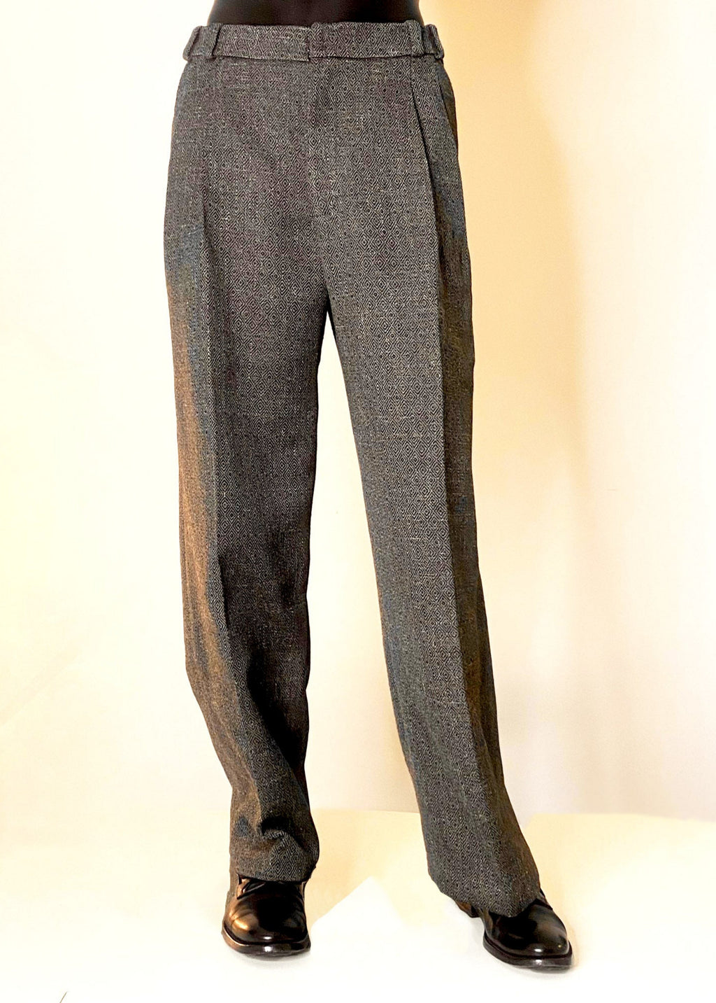 Stacy Stewart Smith Men's Highland Gentry Diamond Tweed Suit front view pants only on a mannequin standing 6'3" with an Ivory backdrop.