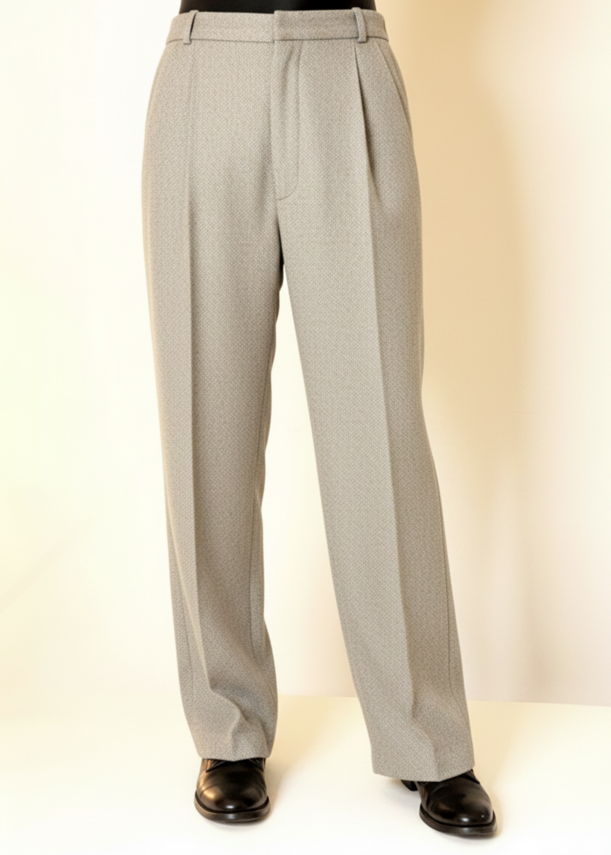 Stacy Stewart Smith Men's Highland Gentry Diamond Tweed pleated Windsor  pants in Ecru/Ivory on a mannequin standing 6'3" with an Ivory backdrop.