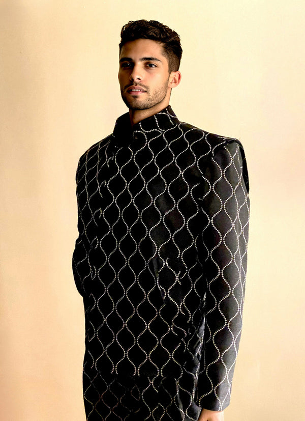 Stacy Stewart Smith Ogee Embroidered Raw Silk Flange-Back Moto Jacket on a mannequin 6'3" frontal 3/4 view and antique white background.