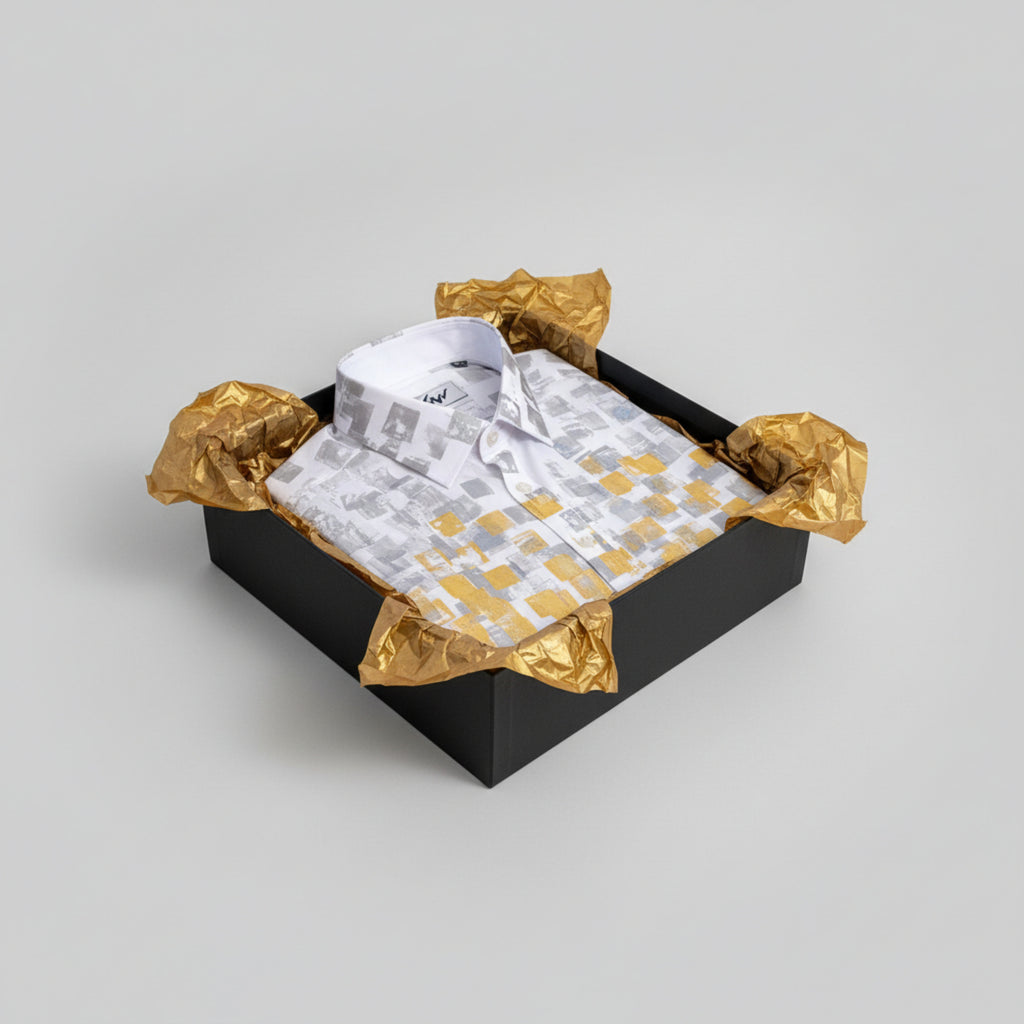 Stacy Stewart Smith Men's Hand-Painted Gold & Silver Pixels Cotton Percale Dress Shirt — Wholesale 6-Pack