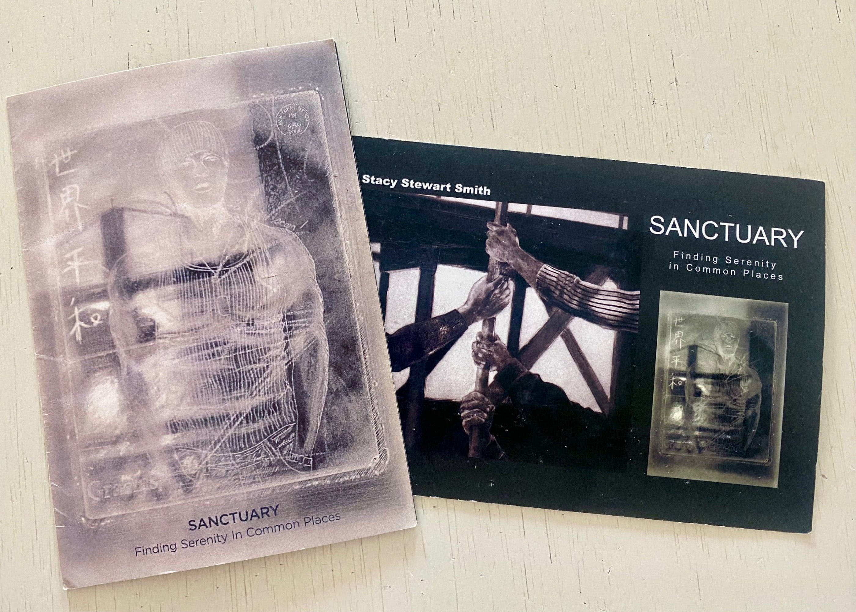 Invitations to original Sanctuary Exhibit at the Stacy Stewart Smith Gallery in 2004 on an ivory surface.