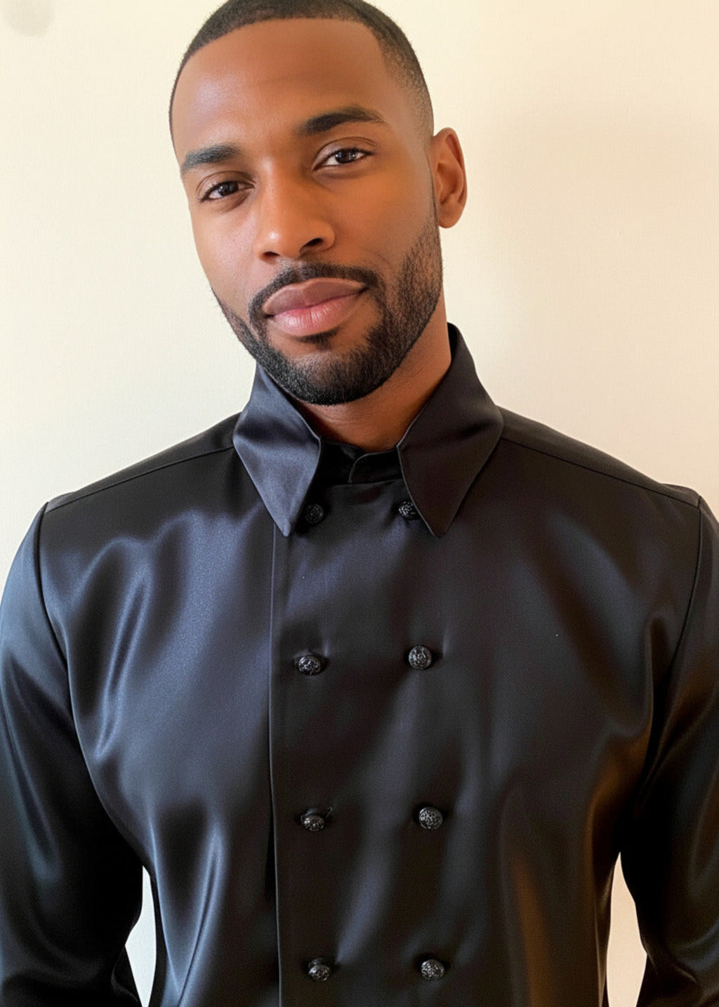 Stacy Stewart Smith Men's Duex Onyx Fois Silk Satin Shirt on a male mannequin 6'3 portrait zoomed frontal view against an antique white wall. 