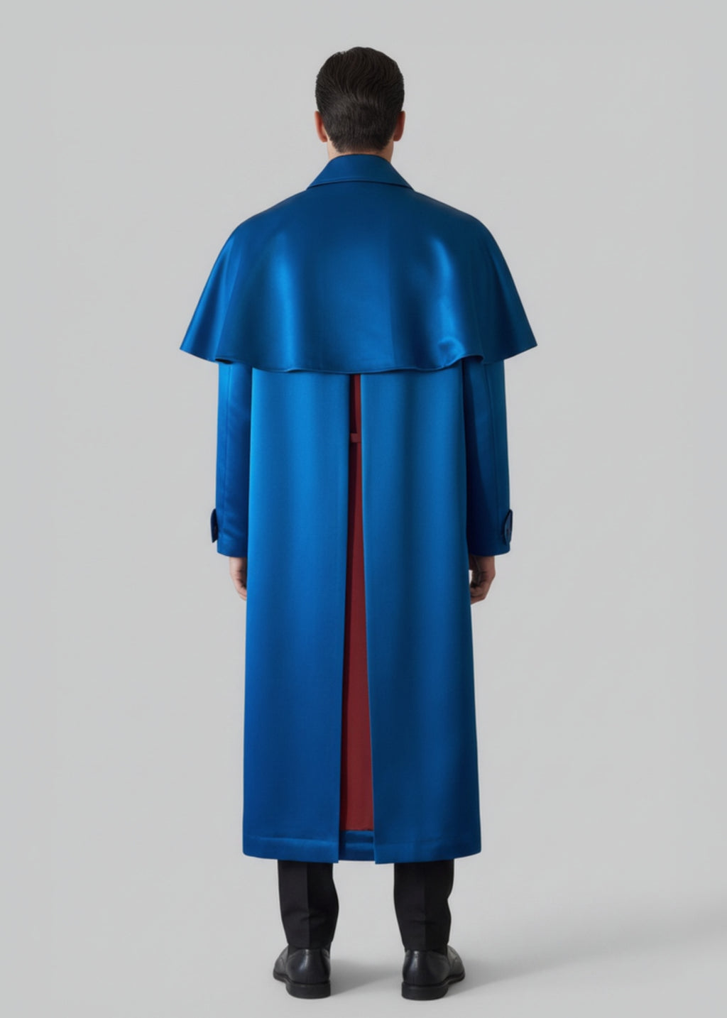Stacy Stewart Smith Men's Baron Shower Coat on invisible mannequin 6'3" closed with caplet back view. floating.