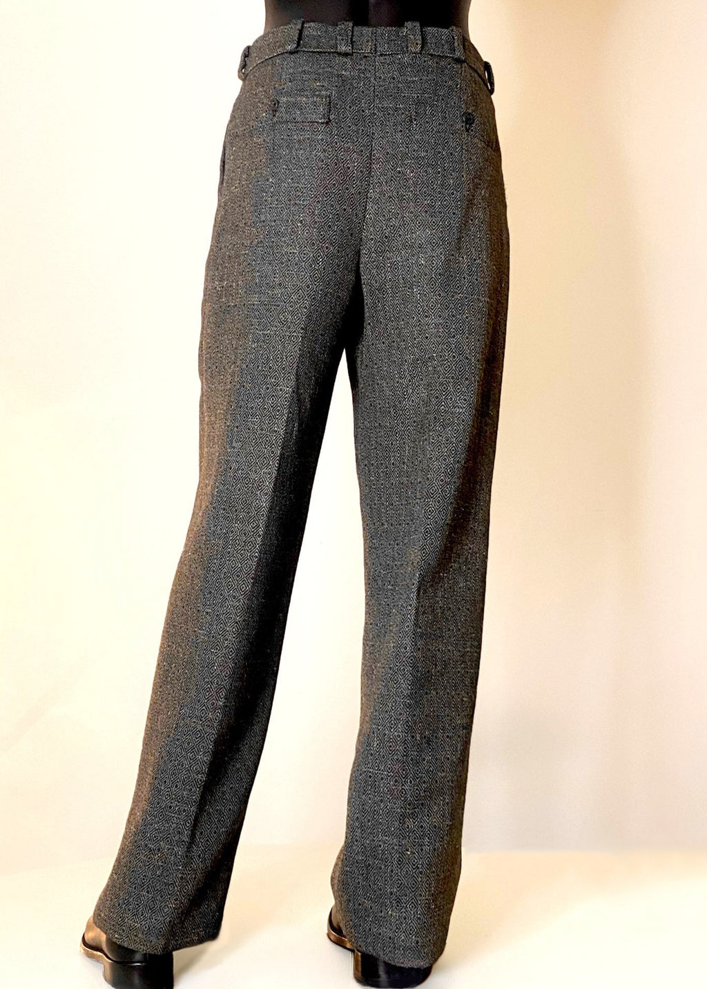Stacy Stewart Smith Men's Highland Gentry Diamond Tweed Suit back view pants only on a mannequin standing 6'3" with an Ivory backdrop.