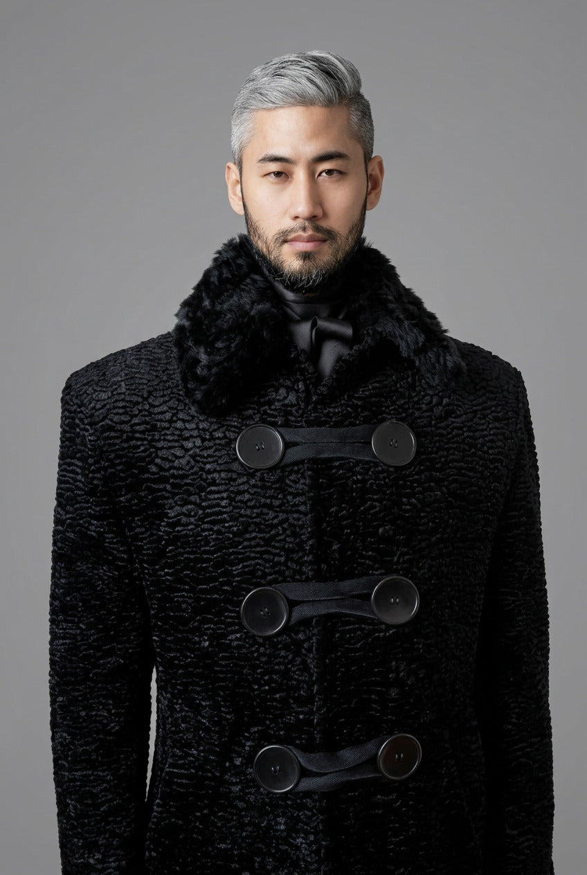 Stacy Stewart Smith Men's Grand Soir Montmartre Persian Lamb Coat with Detachable Shearling Collar, shown front view on a mannequin at 6'3 ", zoomed frontal view on a mannequin 6'3" in a room with an antique white wall.