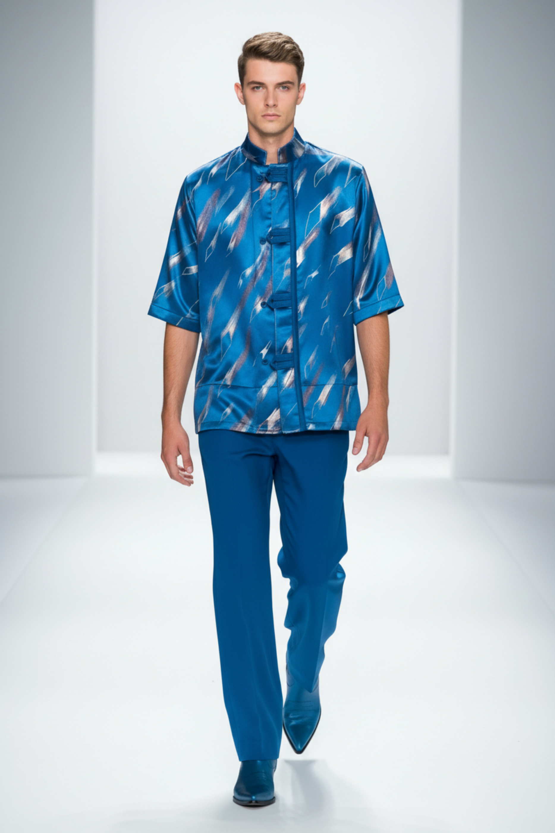 Stacy Stewart Smith Men's Rhombus Shower Hand-Painted Pool Shirt-Jacket on mannequin 6'3" walking in fashion show frontal view with long blue pants with white background.
