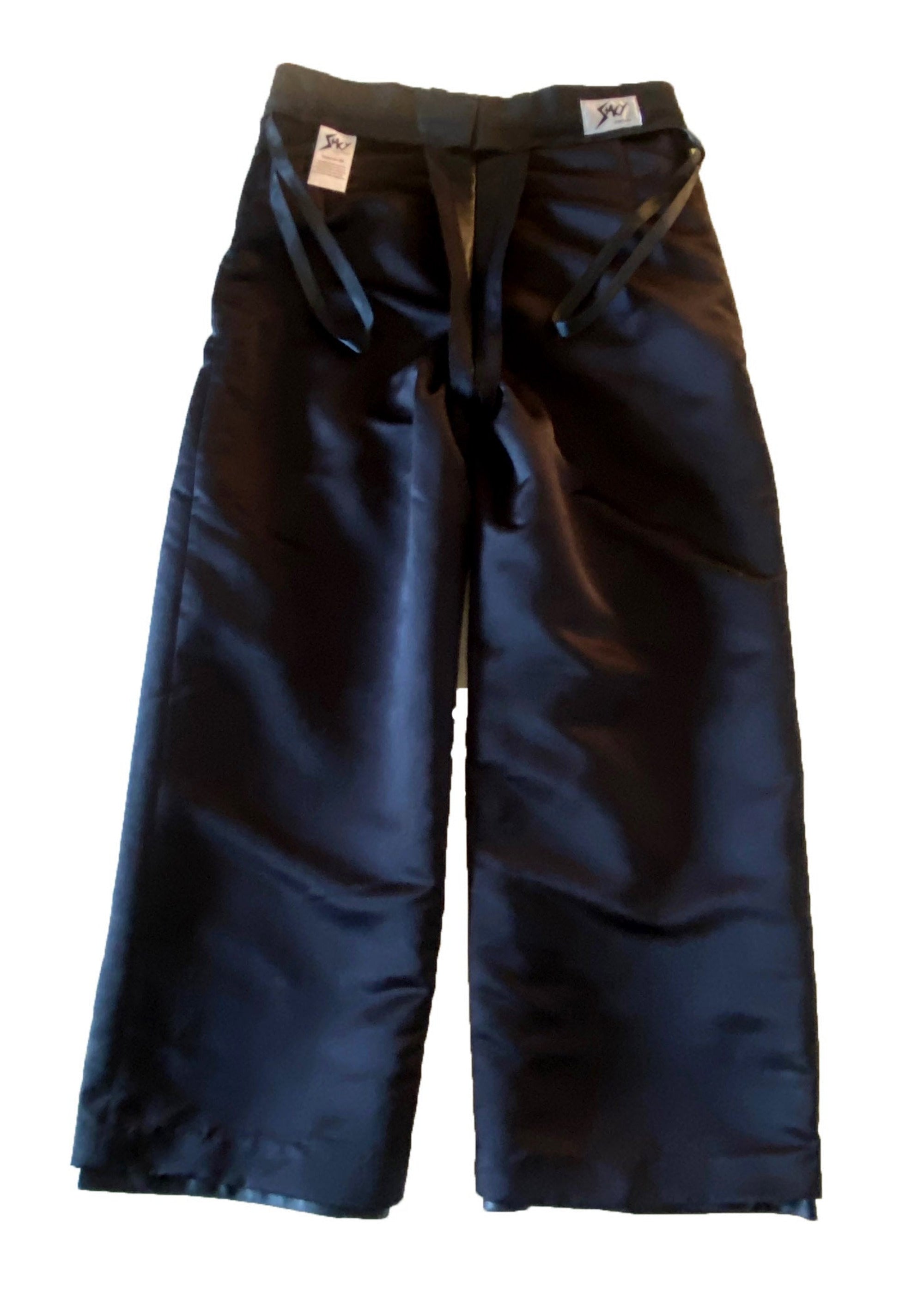 Stacy Stewart Smith Men's Black Leather Pleated Windsor Pants on mannequin 6'3" back satin lining view.