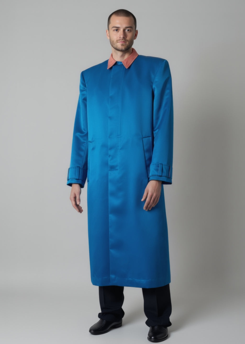 Stacy Stewart Smith Men's Baron Shower Coat on mannequin 6'3" closed without caplet frontal view collar down.