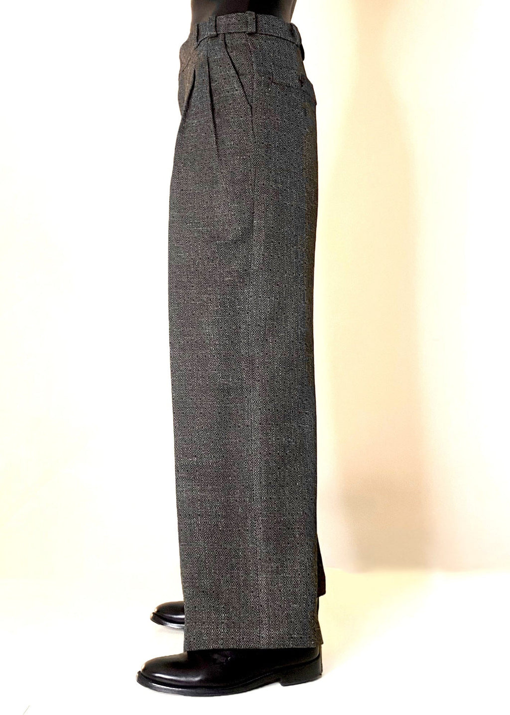 Stacy Stewart Smith Men's Highland Gentry Diamond Tweed Suit side view pants only on a mannequin standing 6'3" with an Ivory backdrop.