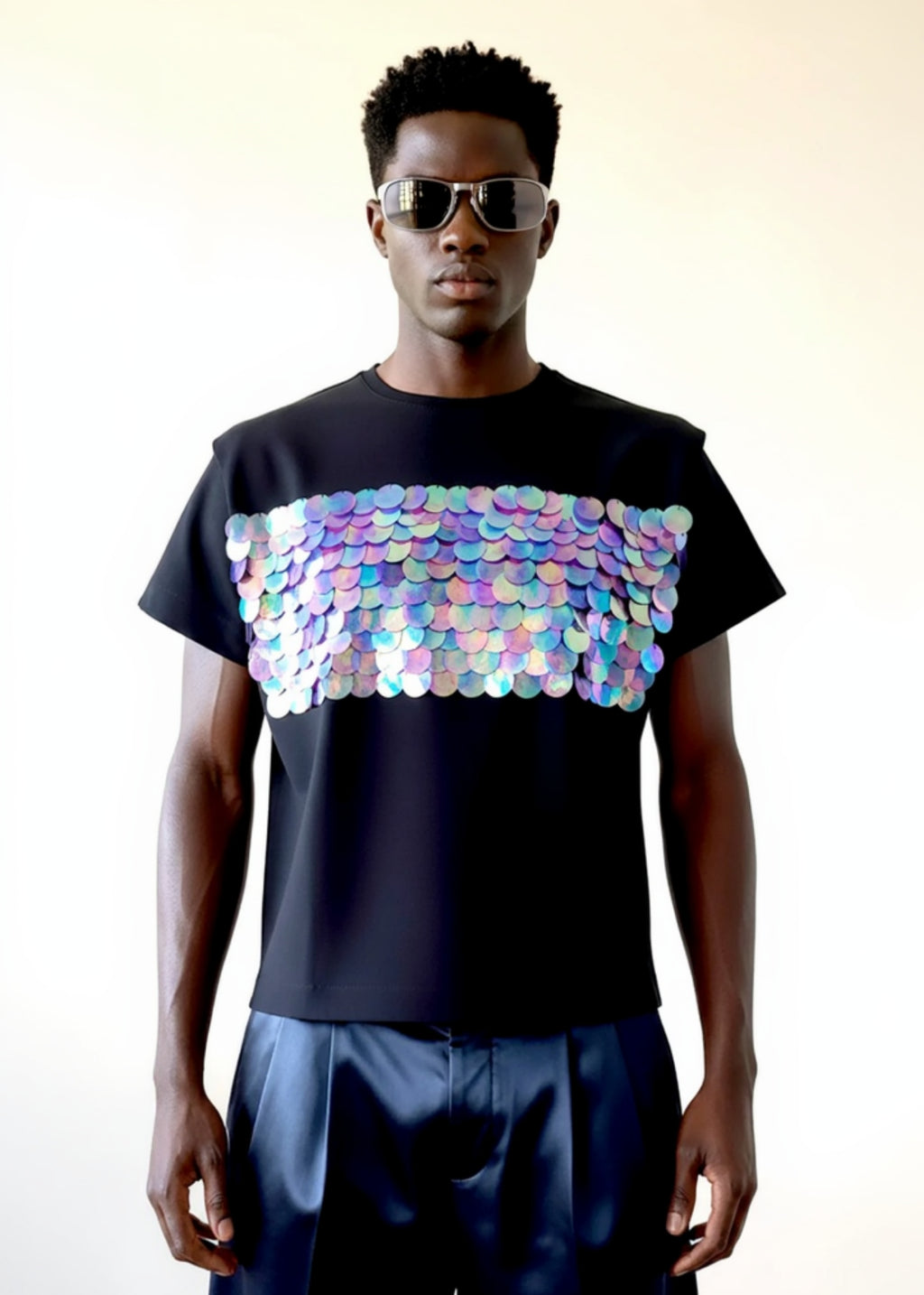 Stacy Stewart Smith Men's Black Dragon Scales Flange T-Shirt on mannequin 6'3" front view with pleated leather pants.