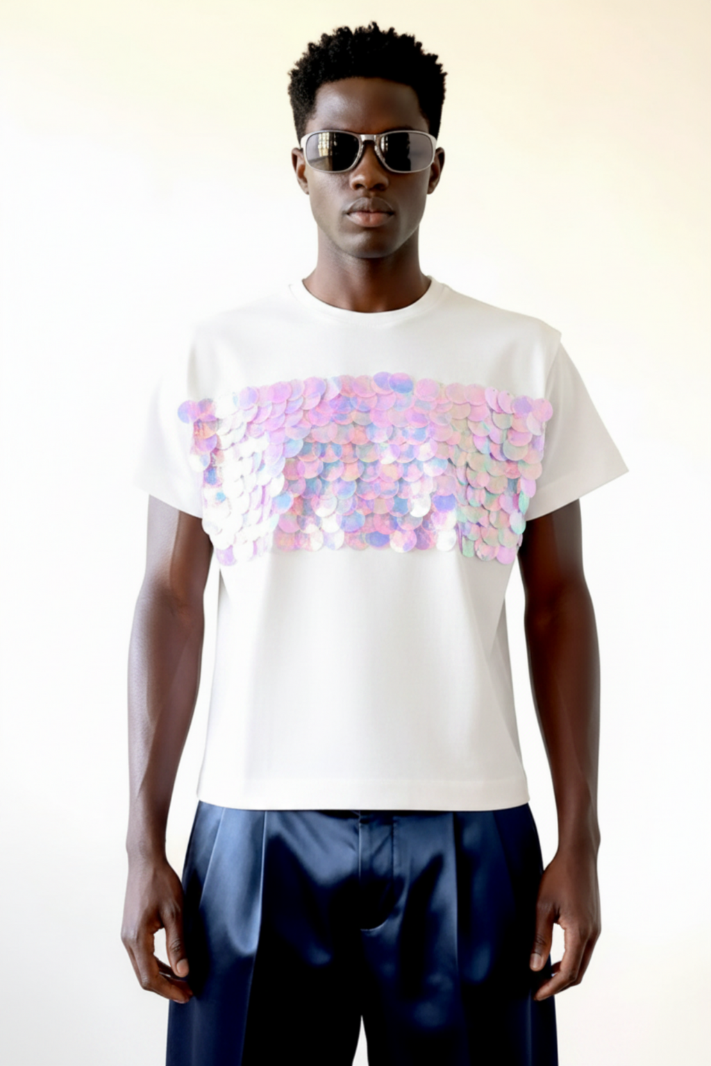 Stacy Stewart Smith Men's White Dragon Scales Flange T-Shirt on mannequin 6'3" front view with pleated leather pants.