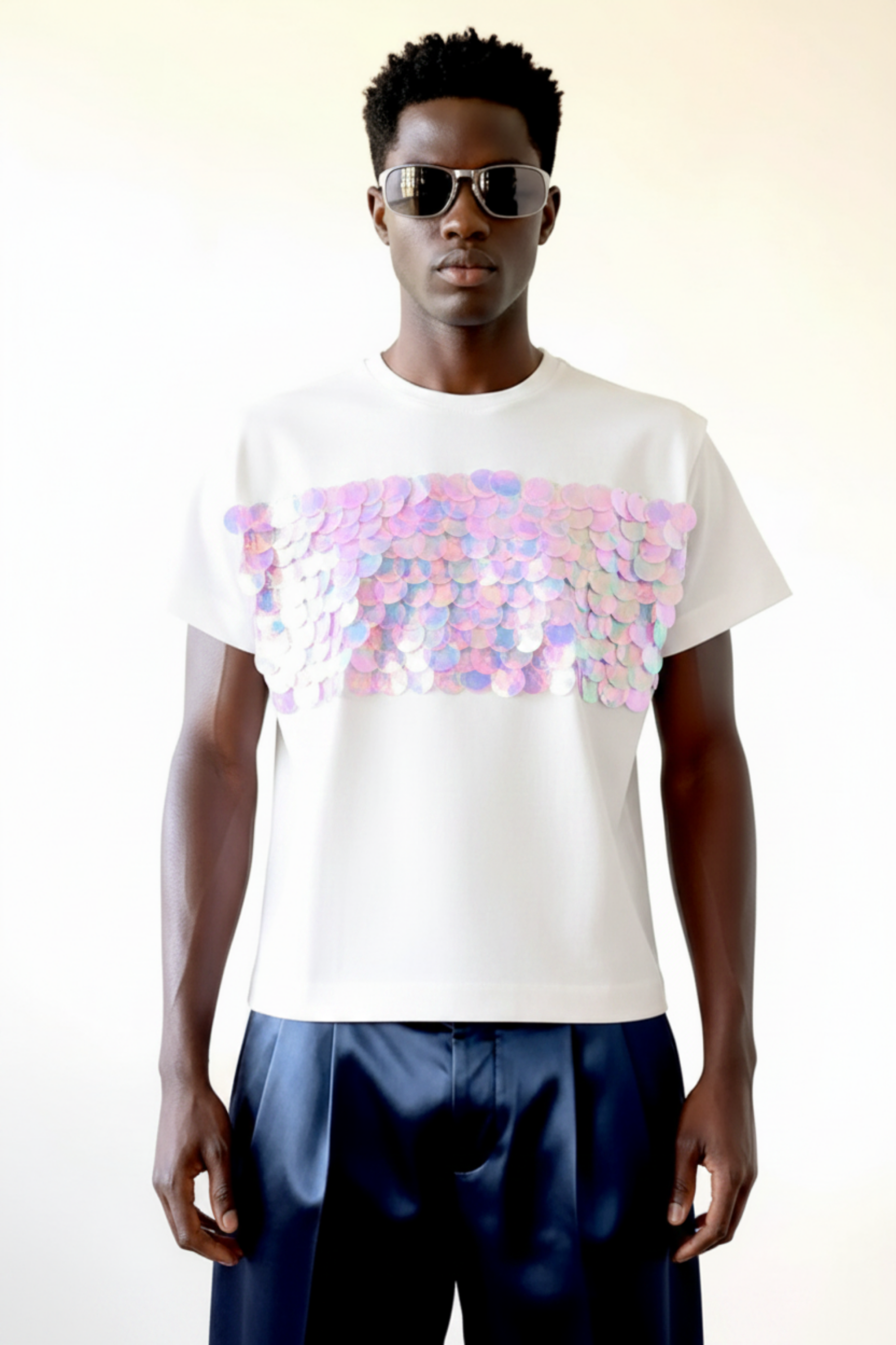 Stacy Stewart Smith Men's White Dragon Scales Flange T-Shirt on mannequin 6'3" front view with pleated leather pants.