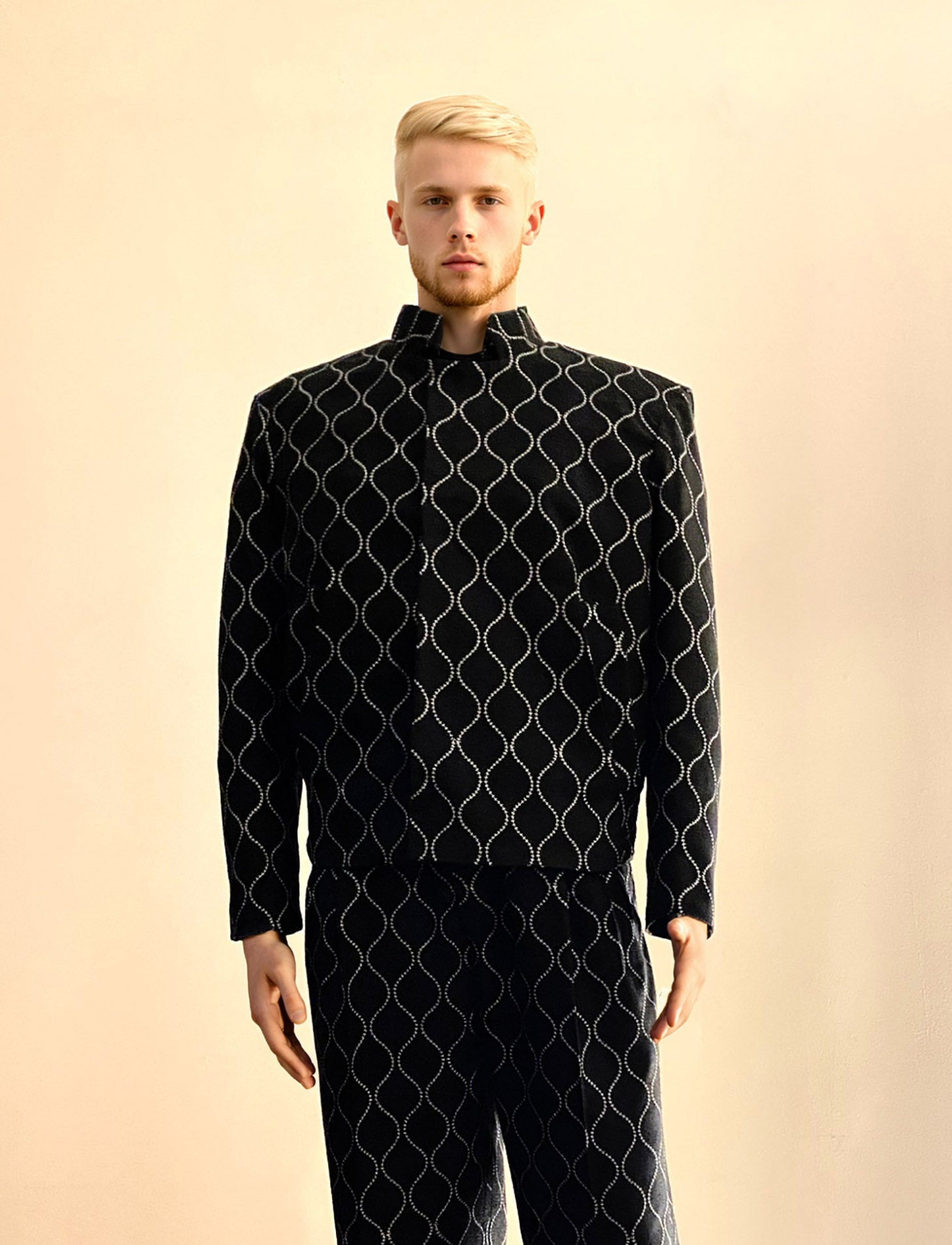 Stacy Stewart Smith Ogee Embroidered Raw Silk Flange-Back Moto Jacket on a mannequin 6'3" frontal view and antique white background.