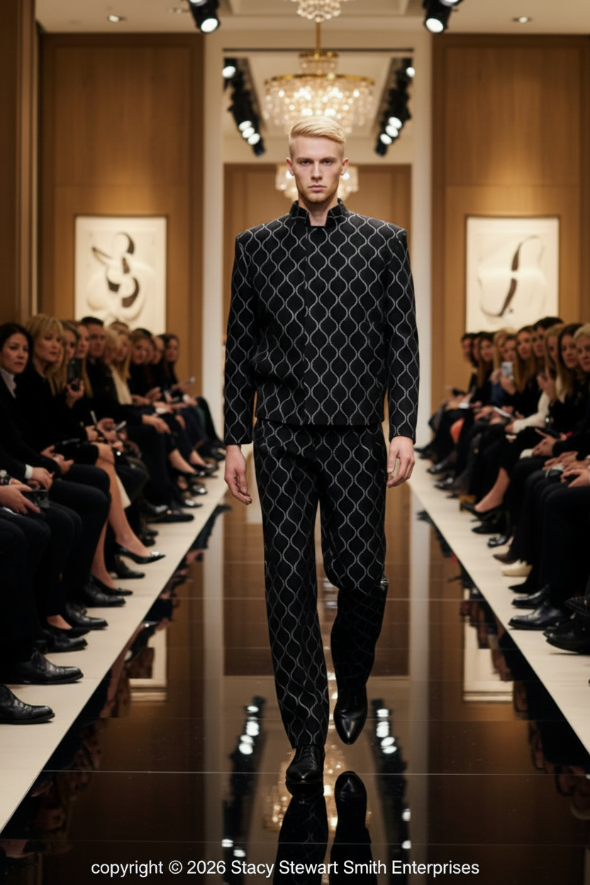 Stacy Stewart Smith onyx raw silk Ogee shiffli embroidered mandarin collared Moto jacket and matching Windsor pants on mannequin 6'3" walking in a runway retail event at a luxury department store with spectators seated.