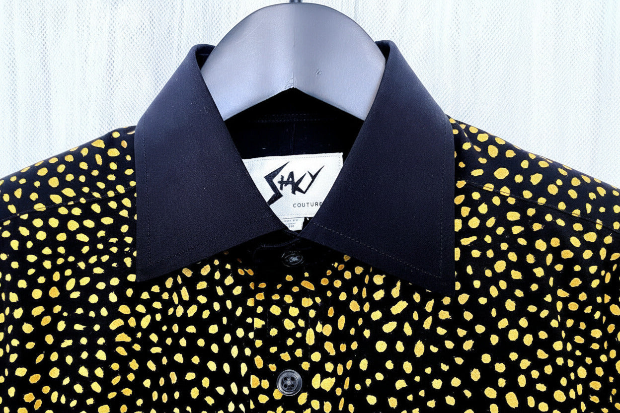 Stacy Stewart Smith Men's Golden Angels Black Premium Cotton Percale Hand-Painted Shirt on a hanger closeup collar front view. with white mesh curtain backdrop