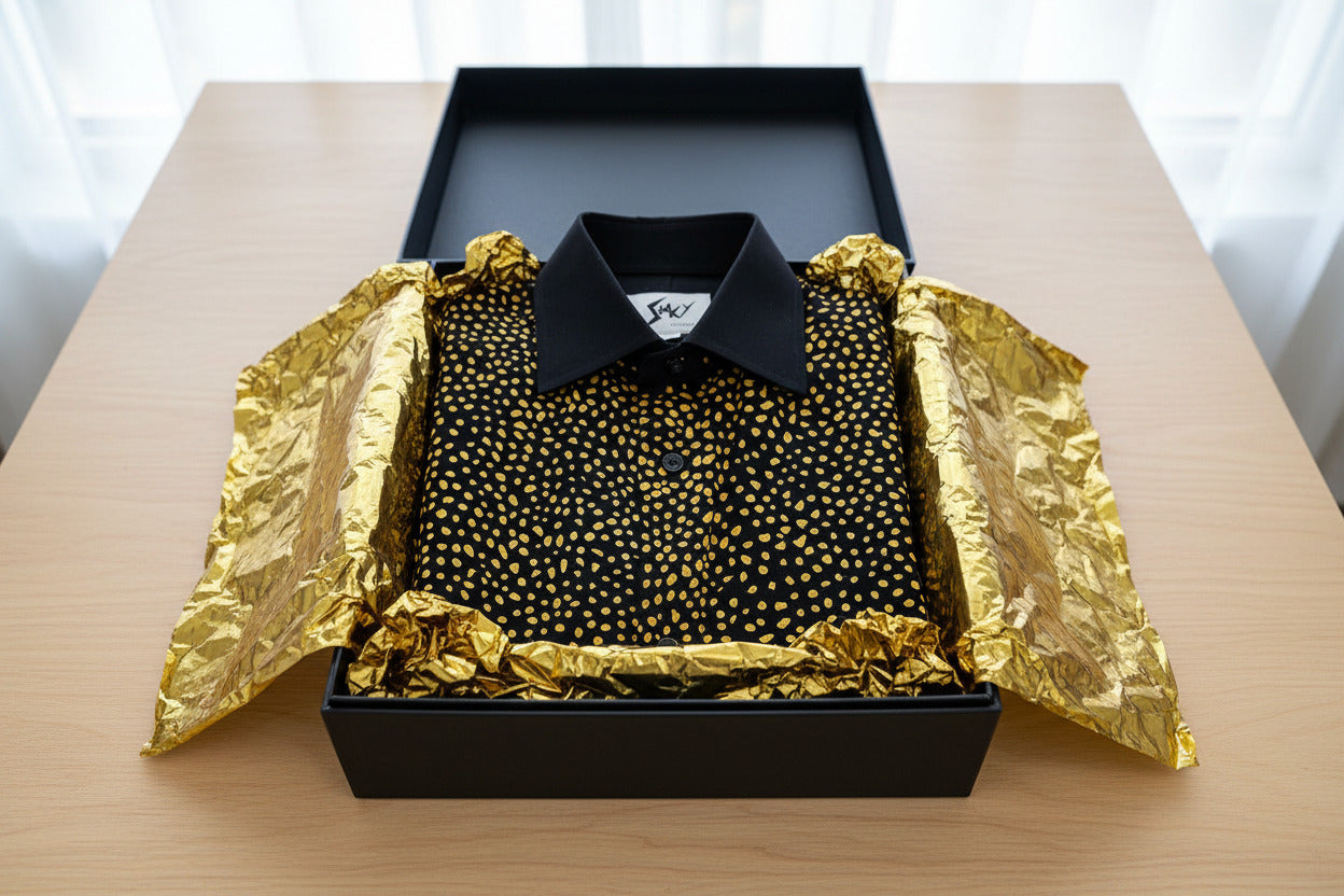 Stacy Stewart Smith Men's Golden Angels Black Premium Cotton Percale Hand-Painted Shirt folded in a black gift box with gold tissue paper on a wooden table with a white curtain backdrop.