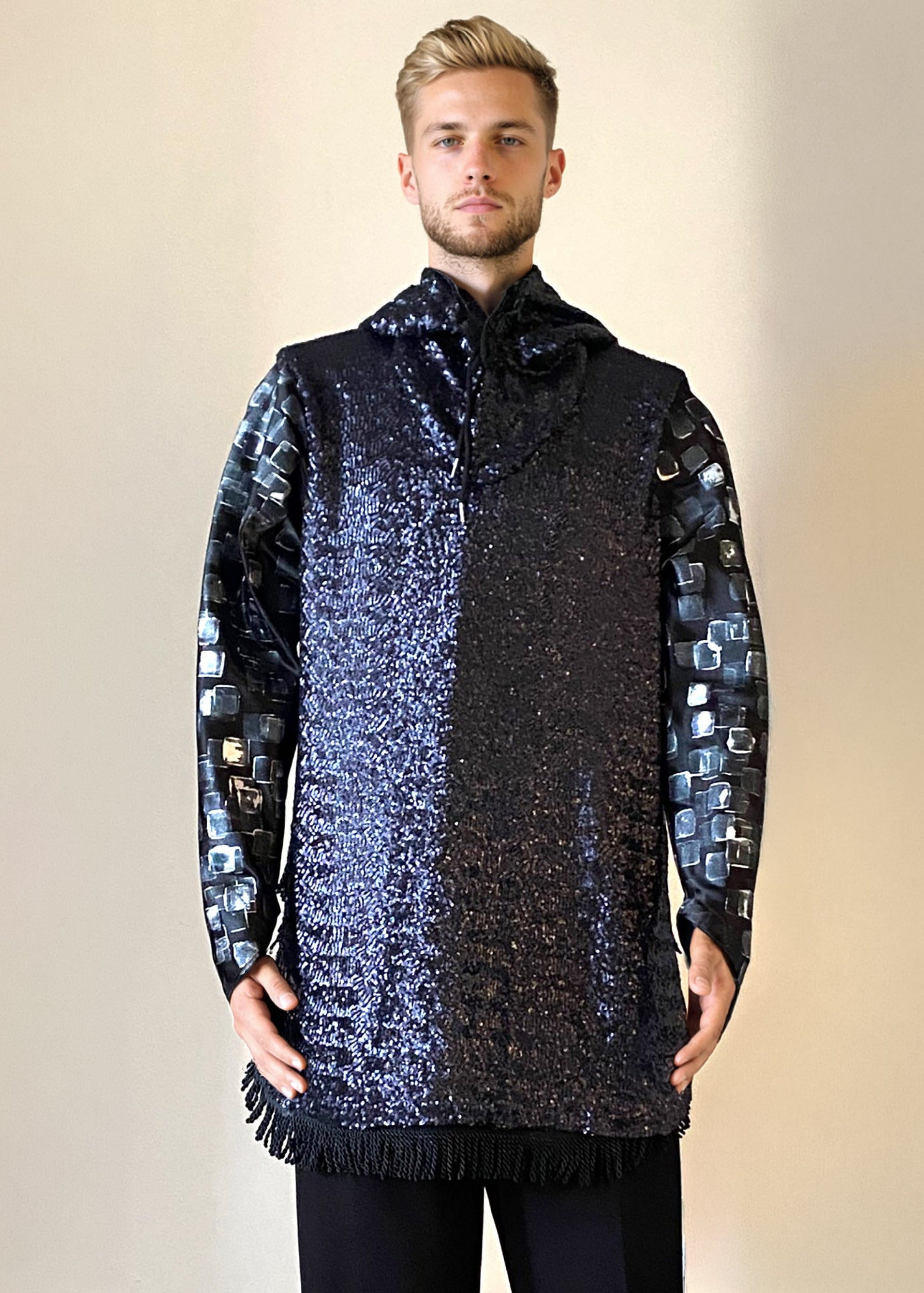 Stacy Stewart Smith Men’s Sequin and Hand-Printed Pixels Knight-Shirt on mannequin 6'3" front view.
