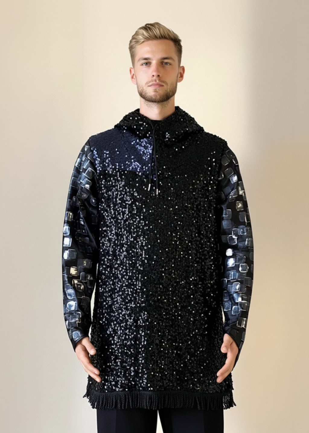Stacy Stewart Smith Men’s Sequin n Black and Hand-Printed Pixels Knight-Shirt on mannequin 6'3" front view.