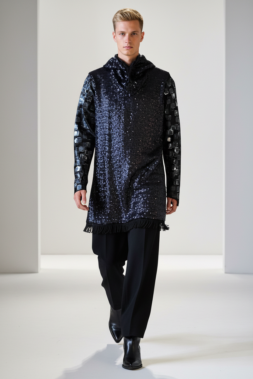 Stacy Stewart Smith Men's Sequin Hooded Knight Shirt with Hand-Printed Pixel Art