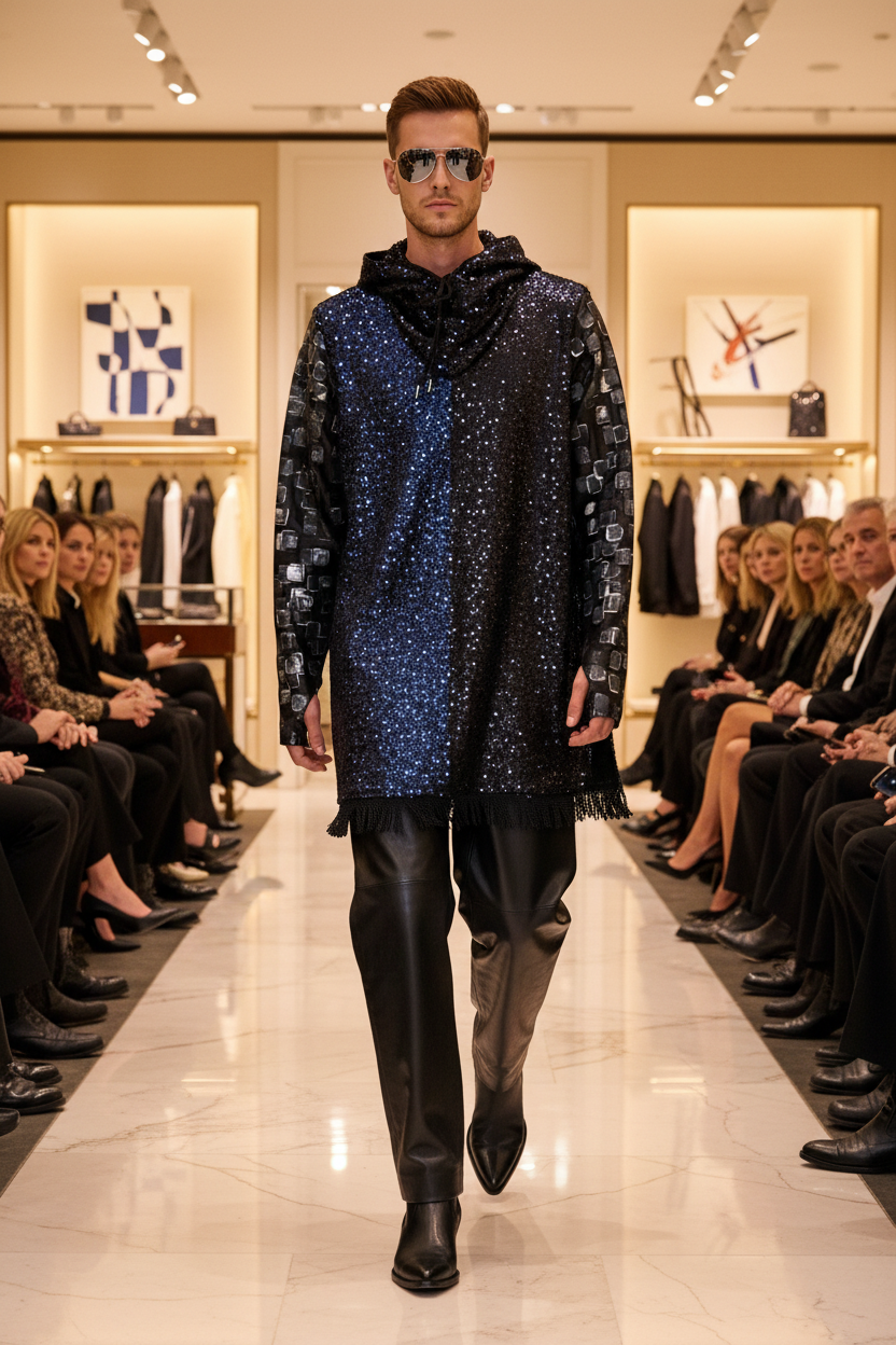Stacy Stewart Smith Men's Sequin Hooded Tunic Shirt with Hand-Printed Pixel Art