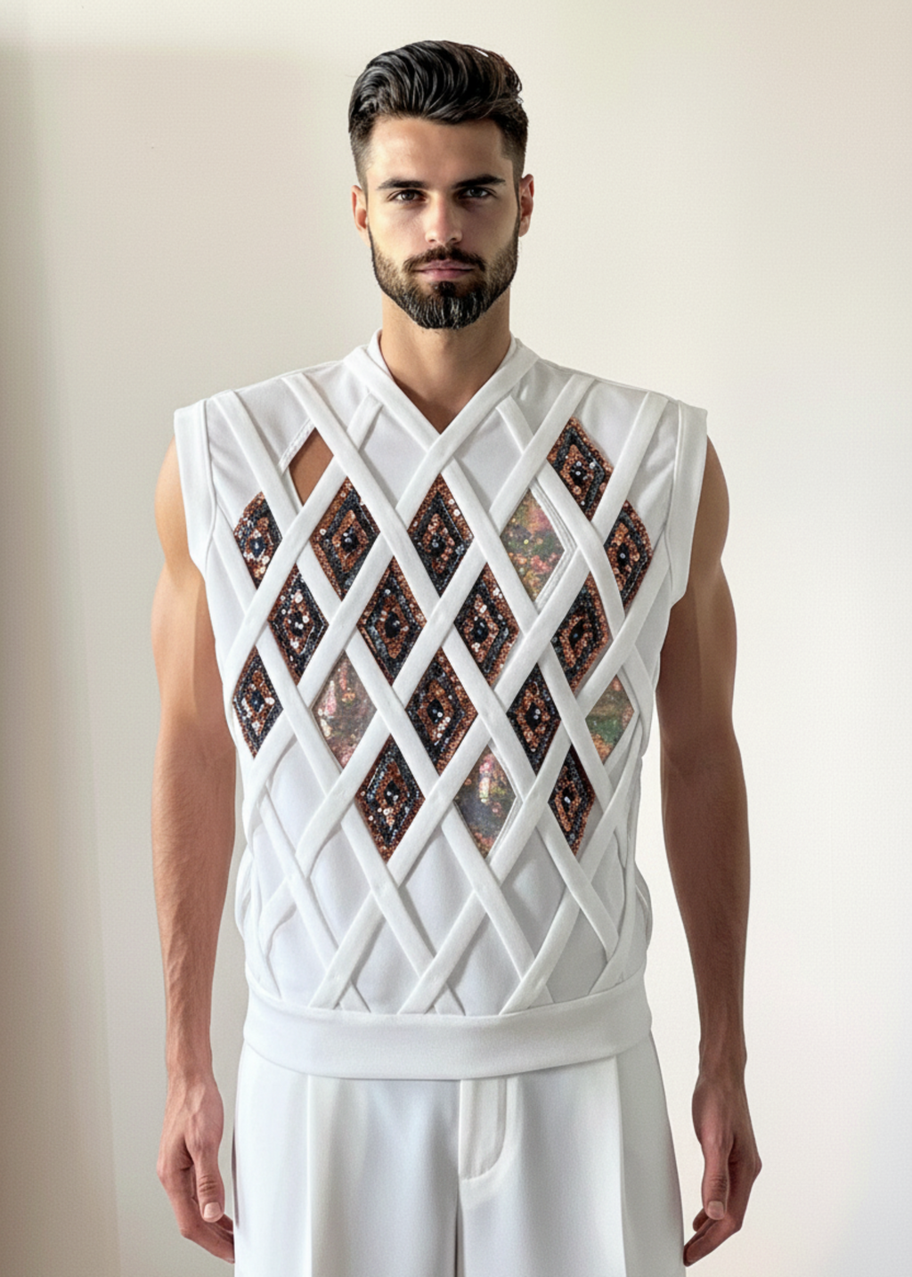 Stacy Stewart Smith Men's Rhombus Labyrinth Pullover Sleeveless Knit Top in White on mannequin 6'3" front view.
