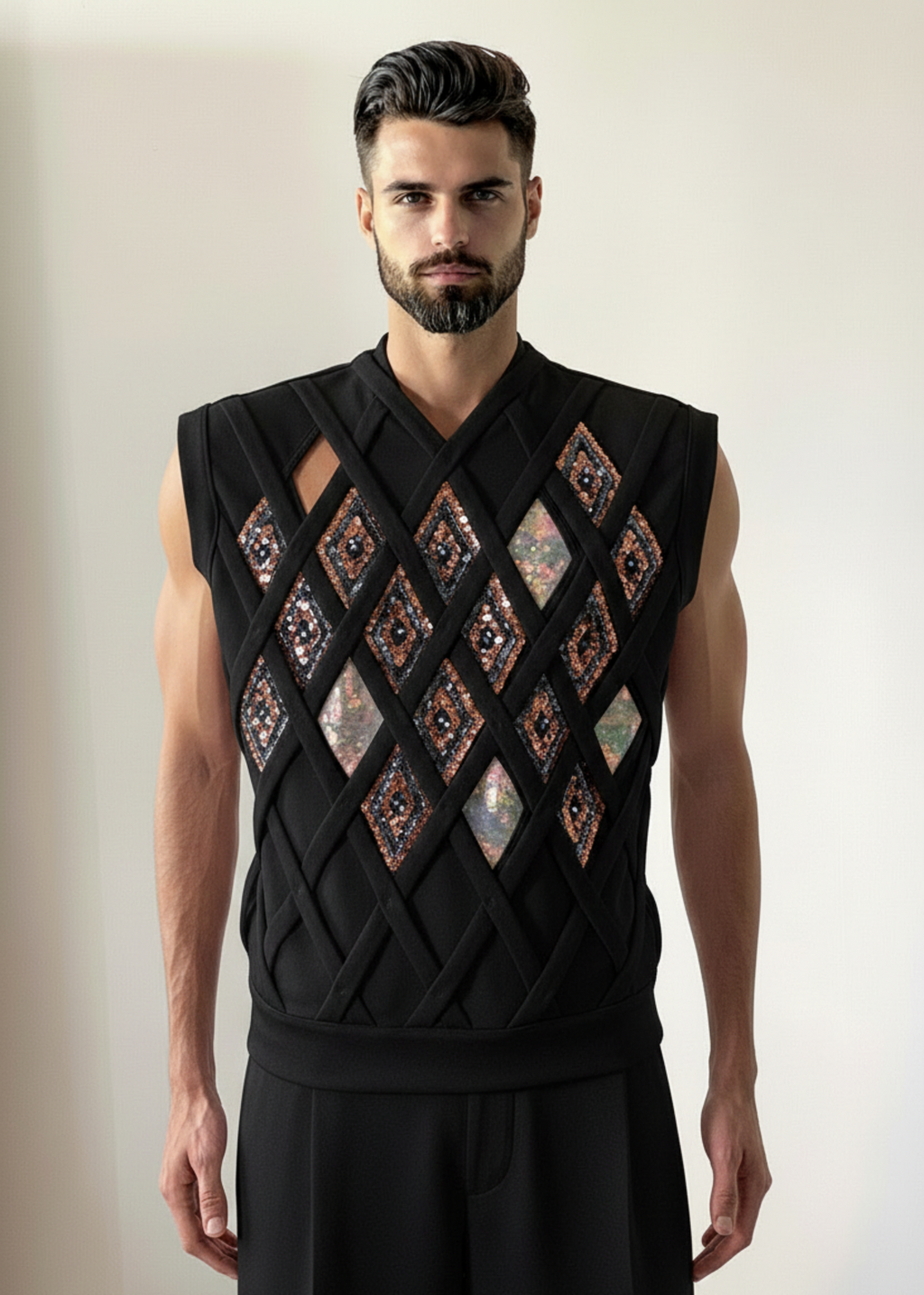 Stacy Stewart Smith Men's Rhombus Labyrinth Pullover Sleeveless Knit Top in Black on mannequin 6'3" front view.