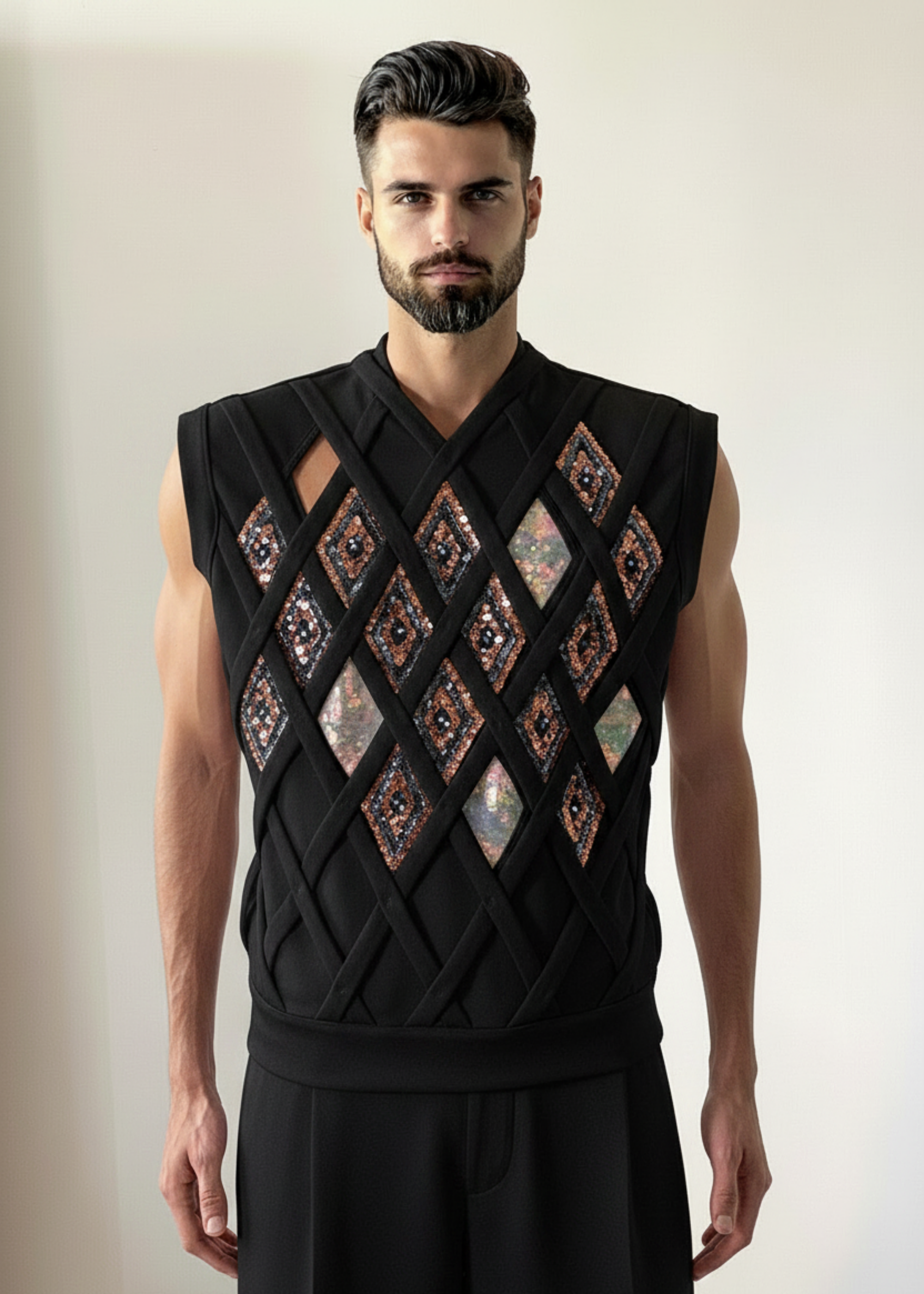 Stacy Stewart Smith Men's Rhombus Labyrinth Pullover Sleeveless Knit Top in Black on mannequin 6'3" front view.