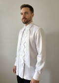 Stacy Stewart Smith Men's White Noble Innocent Satin Shirt front 3/4 view on mannequin 6'3" against gray backdrop.