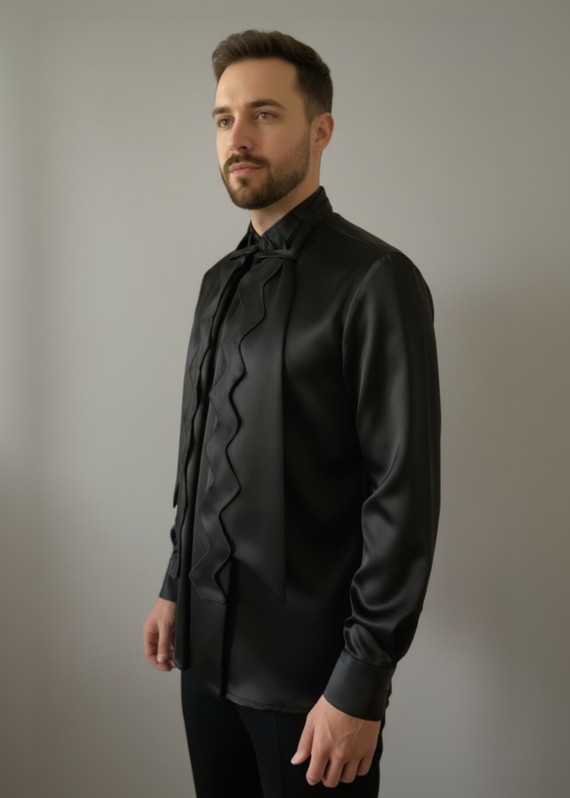 Stacy Stewart Smith Men's Black Noble Innocent Satin Shirt front 3/4 view on a mannequin 6'3"against gray backdrop.