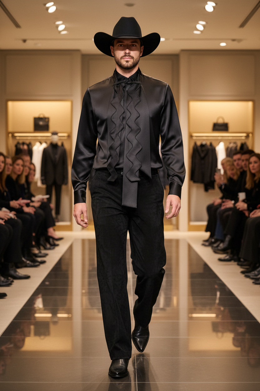 Stacy Stewart Smith onyx satin Noble Innocent shirt, black pants and cowboy hat on a mannequin 6'3" in a department store fashion show with spectators.
