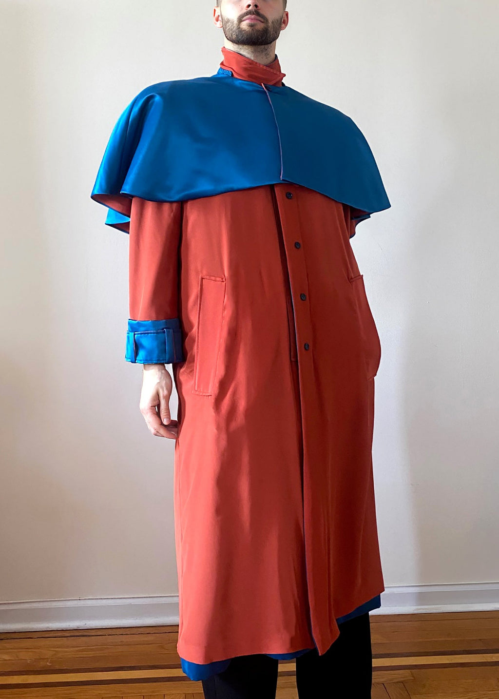 Stacy Stewart Smith Men's Baron Shower Coat on mannequin 6'3" closed with caplet on silk reverse side frontal view.