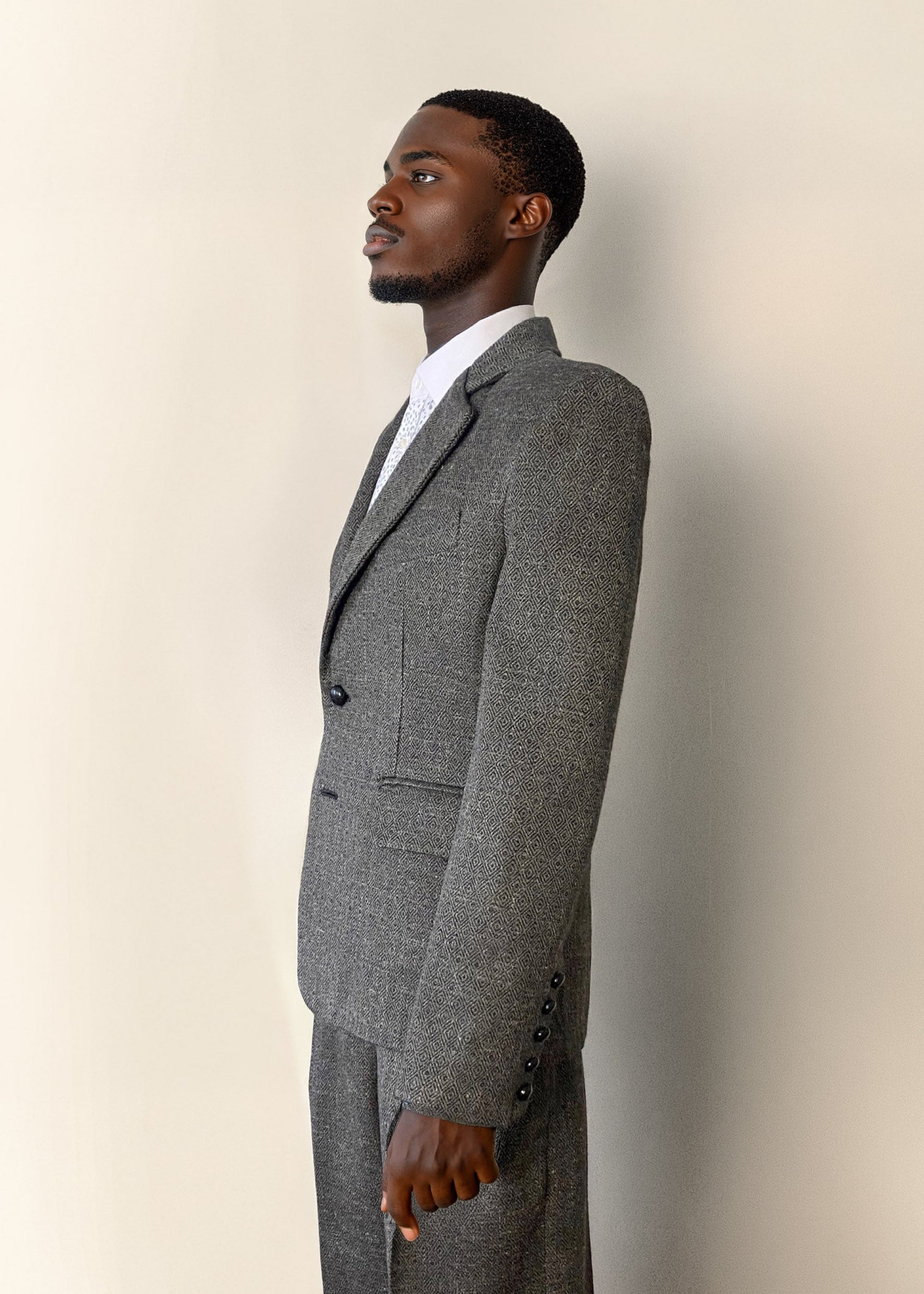 Stacy Stewart Smith Men's Diamond Dodger Tweed Notched Lapel Blazer on a mannequin 6'3" (side view) against an Antique White wall with a Stacy Stewart Smith oil painting hanging.