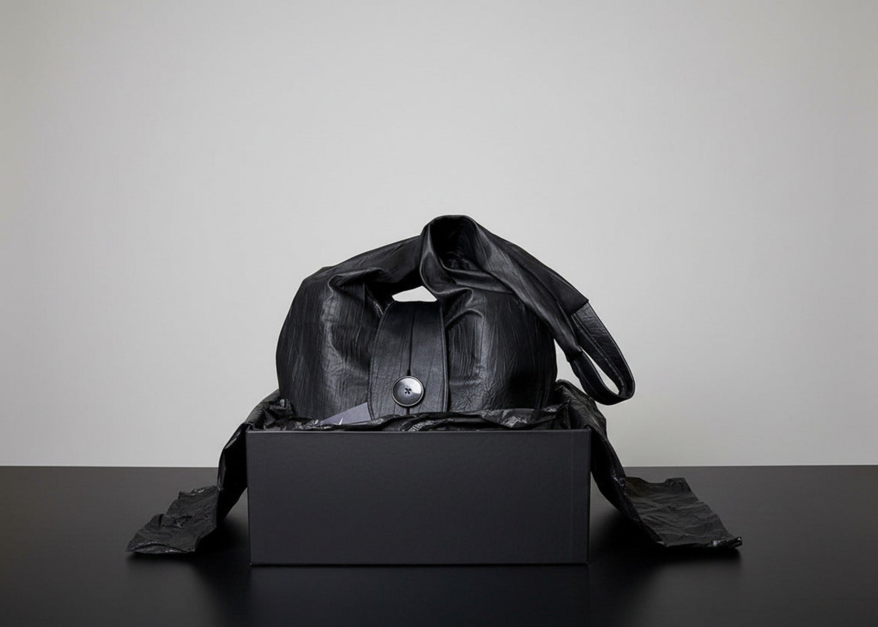 Stacy Stewart Smith Euclidian Space Crinkled Leather Messenger Bag frontal view in a black gift box with tongue flap showing and self-handle wrapped over the top and black tissue paper around it on a black surface with a gray backdrop. 