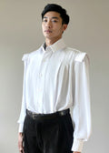 Stacy Stewart Smith Men's Poet Laureate White Silk Crepe Shirt on mannequin 6'3" without jabot-with black suede Windsor pants against a gray backdrop.