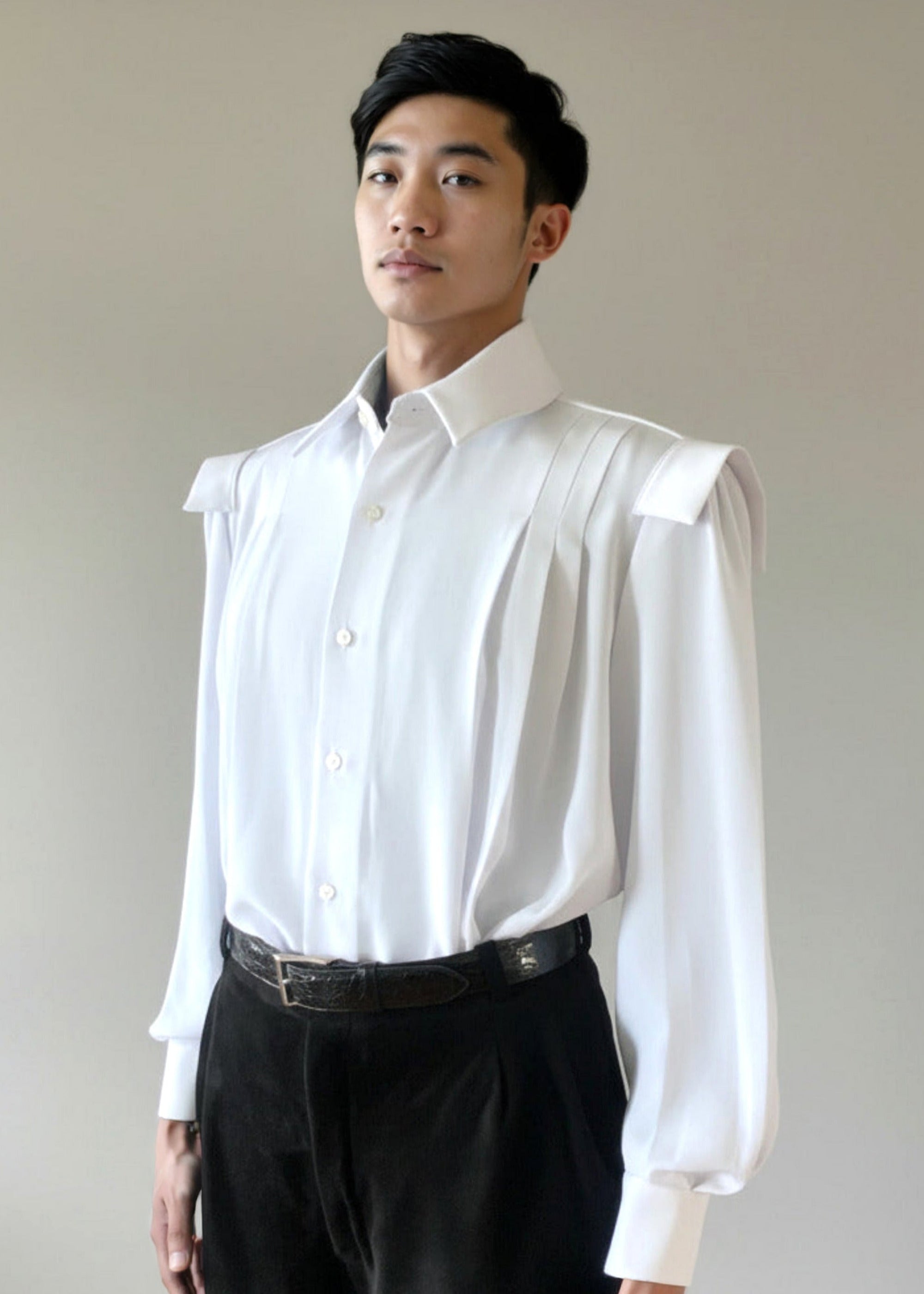Stacy Stewart Smith Men's Poet Laureate White Silk Crepe Shirt on mannequin 6'3" without jabot-with black suede Windsor pants against a gray backdrop.