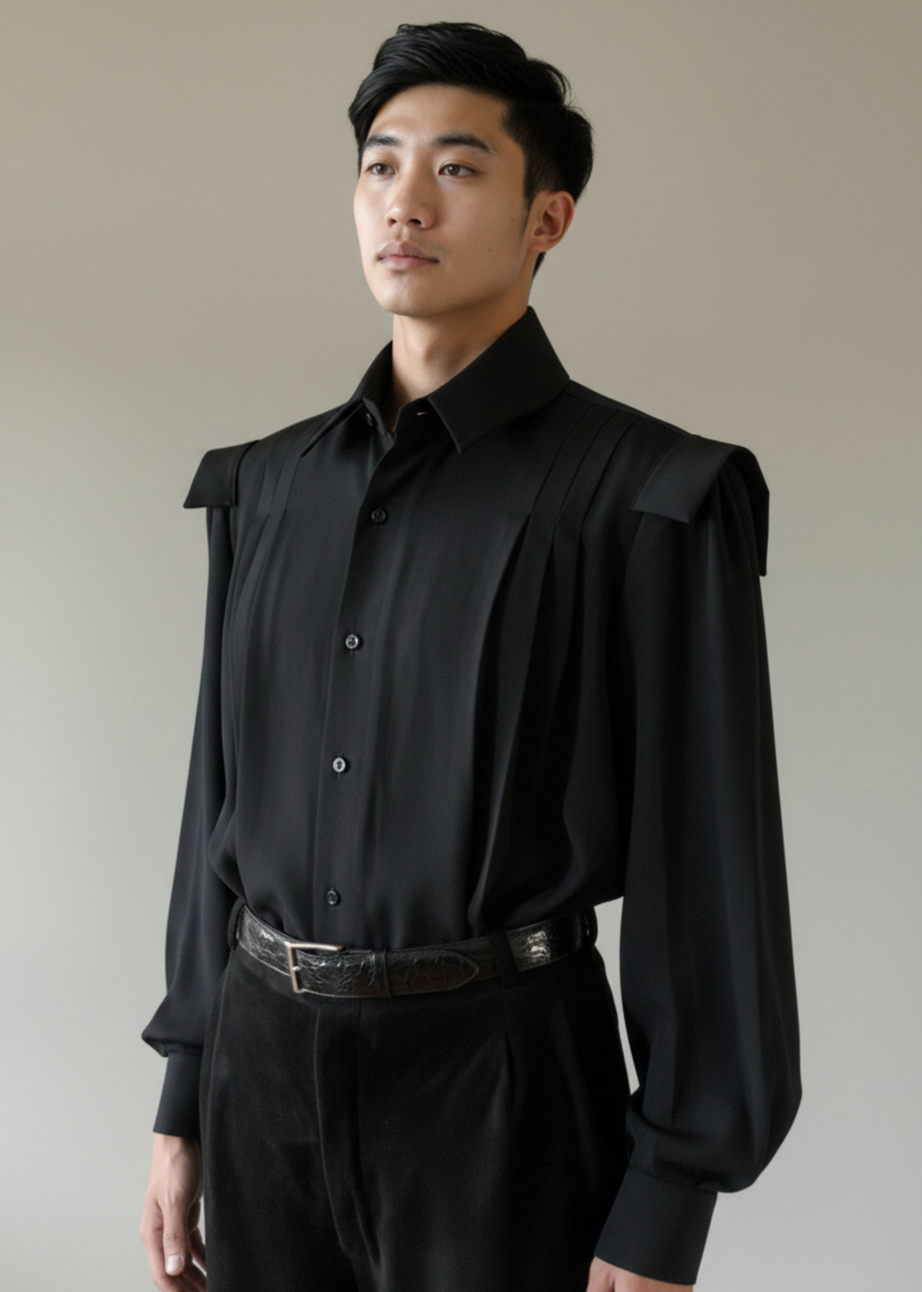 Stacy Stewart Smith Men's Poet Laureate Black Silk Crepe Shirt on mannequin 6'3" without jabot-with black suede Windsor pants against a gray backdrop.