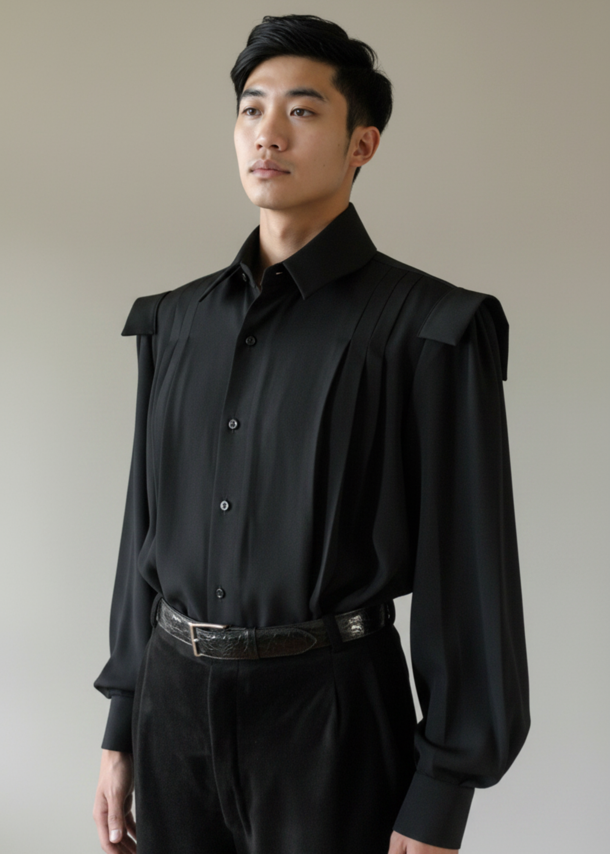 Stacy Stewart Smith Men's Poet Laureate Black Silk Crepe Shirt on mannequin 6'3" without jabot-with black suede Windsor pants against a gray backdrop.