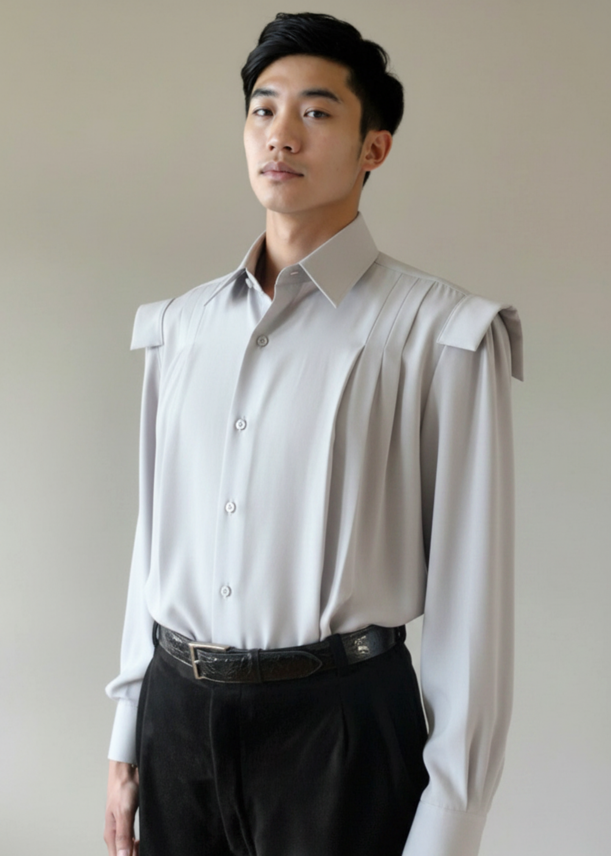Stacy Stewart Smith Men's Poet Laureate Moonstruck Silk Crepe Shirt on mannequin 6'3" without jabot-with black suede Windsor pants against a gray backdrop.