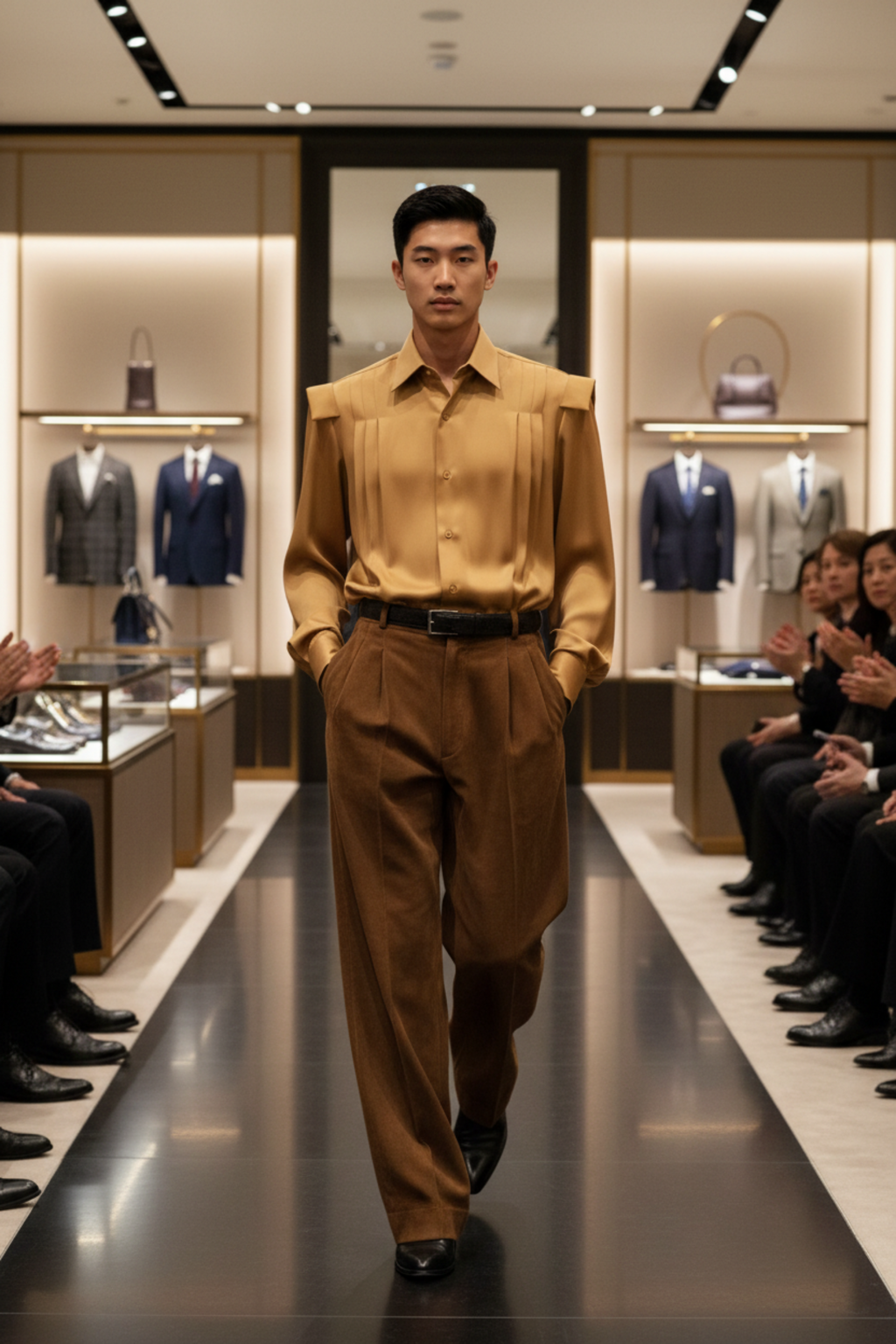 Stacy Stewart Smith  men's gold  Poet Laureate silk shirt and suede tobacco pants on a mannequin 6'3" walking down a runway in a fashion store.
