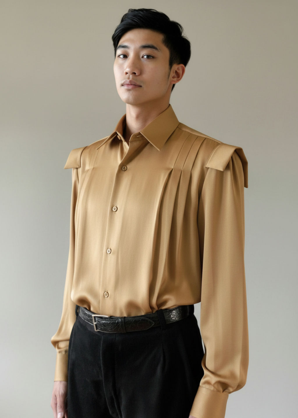 Stacy Stewart Smith Men's Poet Laureate Gold Silk Crepe Shirt on mannequin 6'3" without jabot-with black suede Windsor pants against a gray backdrop.