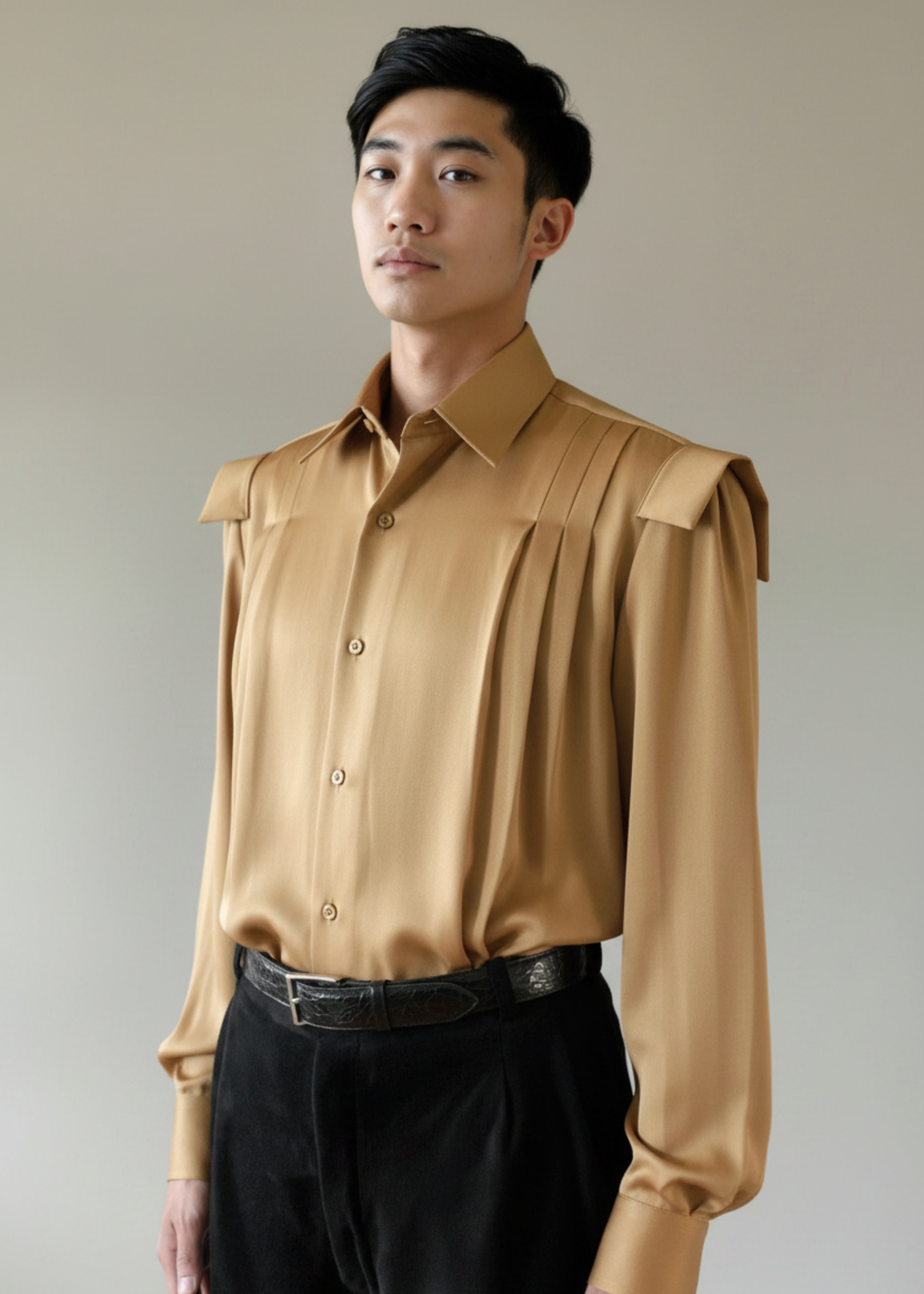 Stacy Stewart Smith Men's Poet Laureate Gold Silk Crepe Shirt on mannequin 6'3" without jabot-with black suede Windsor pants against a gray backdrop.