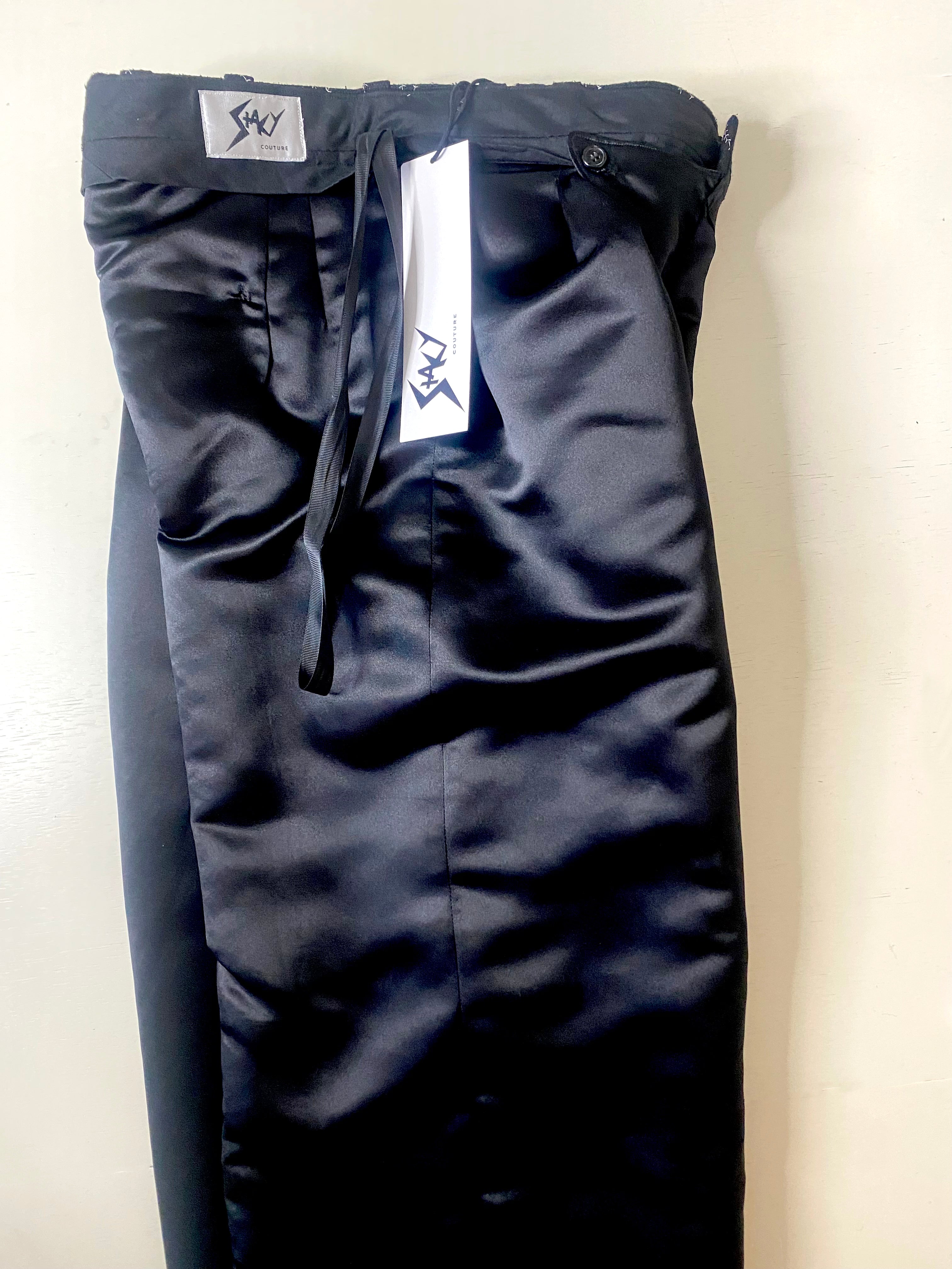 Stacy Stewart Smith Men's Ogee Embroidered Raw Silk Pleated Windsor Pants  zoomed left side view lining only.