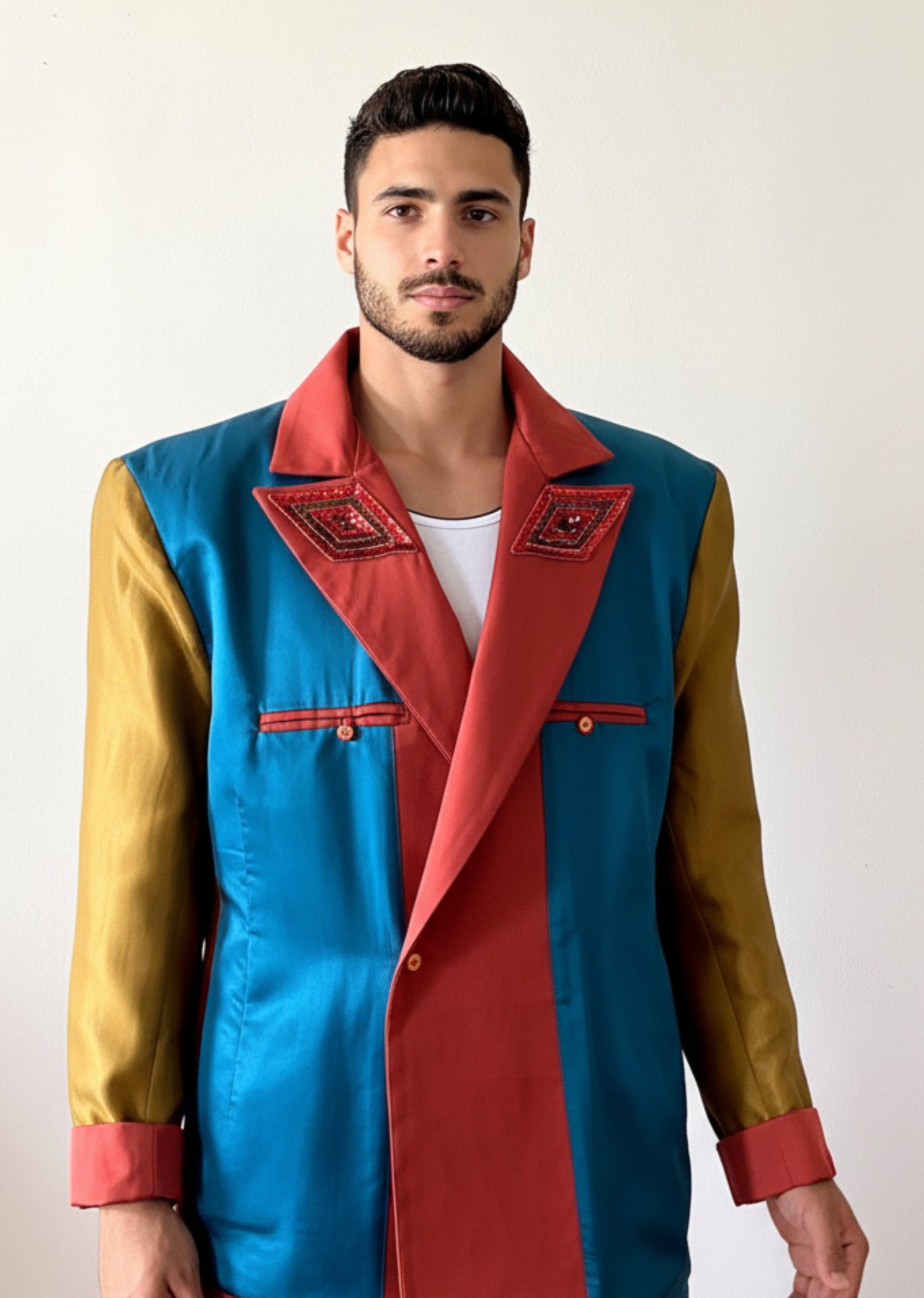 Sky & Ruby Trench-Jack front view lining side buttoned on a mannequin 6'3" in front of an antique white wall.