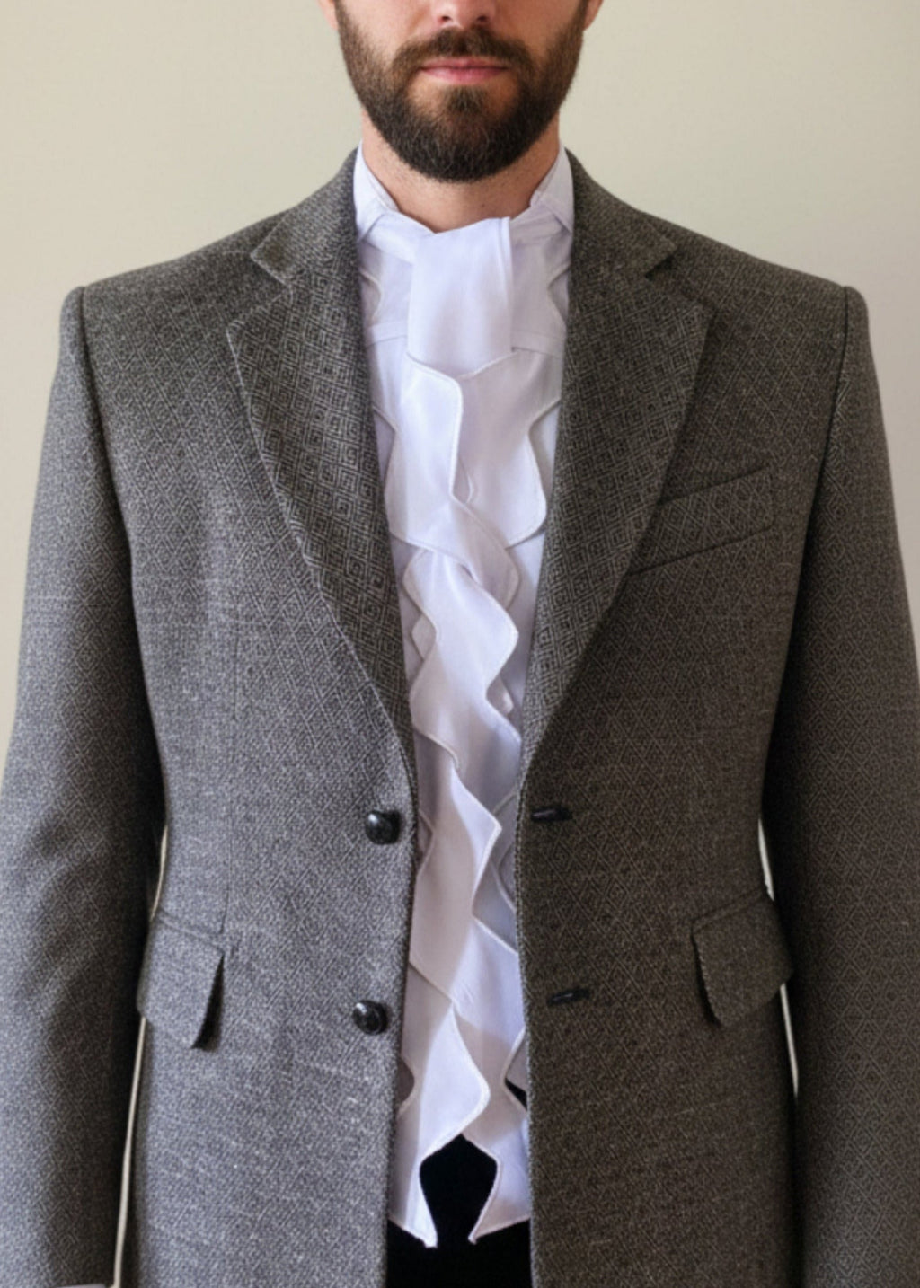 Stacy Stewart Smith Men's Noble Innocent Satin Shirt beneath his Diamond Dodger Tweed Blazer with black Suede pants on mannequin 6'3" against antique white wall.