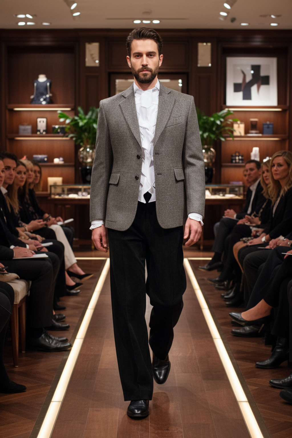 Stacy Stewart Smith designer clothing on a mannequin 6'3" in a gray suit white Noble Innocent shirt and black suede pants walking on a runway with an audience in a formal setting.
