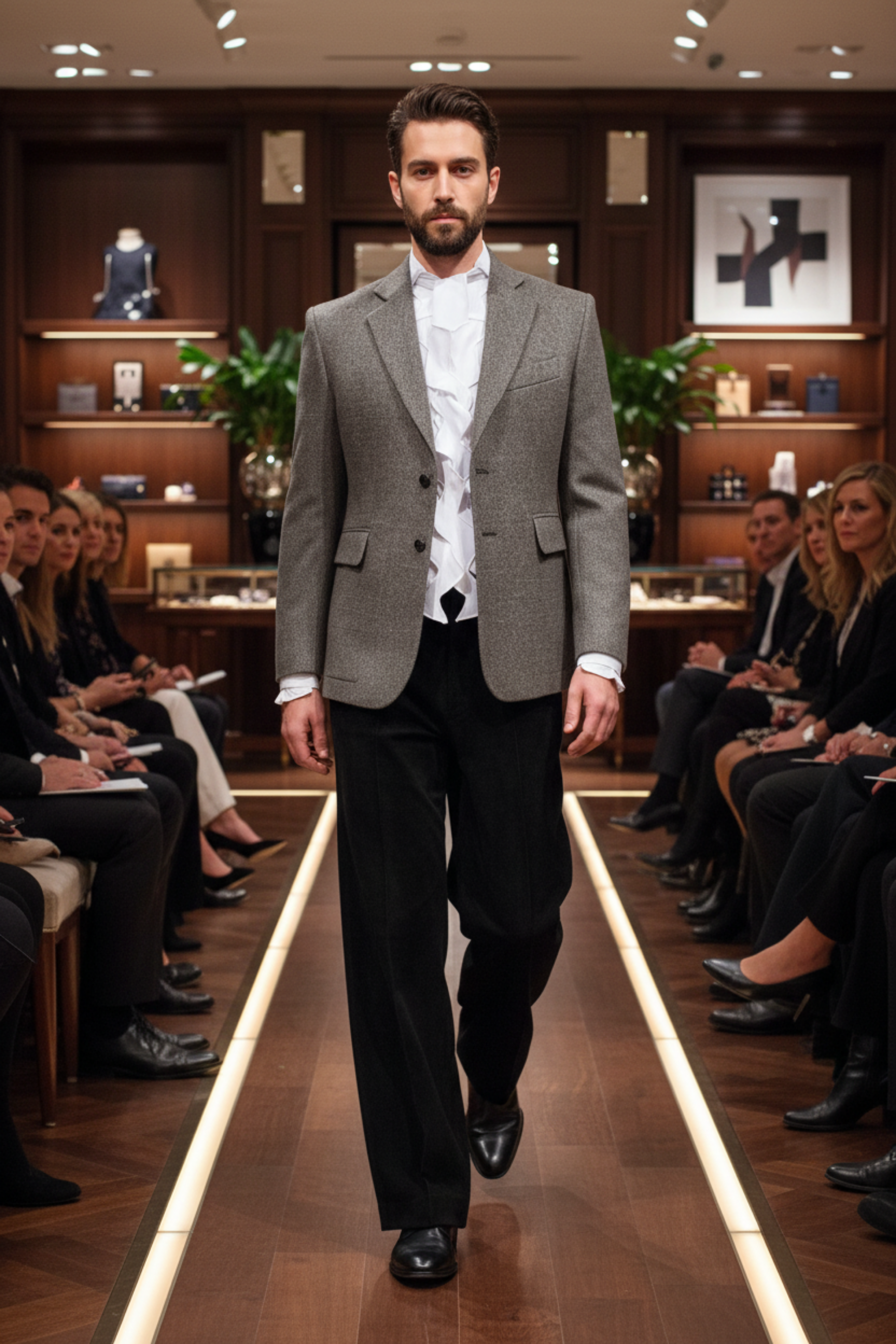 Stacy Stewart Smith designer clothing on a mannequin 6'3" in a gray suit white Noble Innocent shirt and black suede pants walking on a runway with an audience in a formal setting.