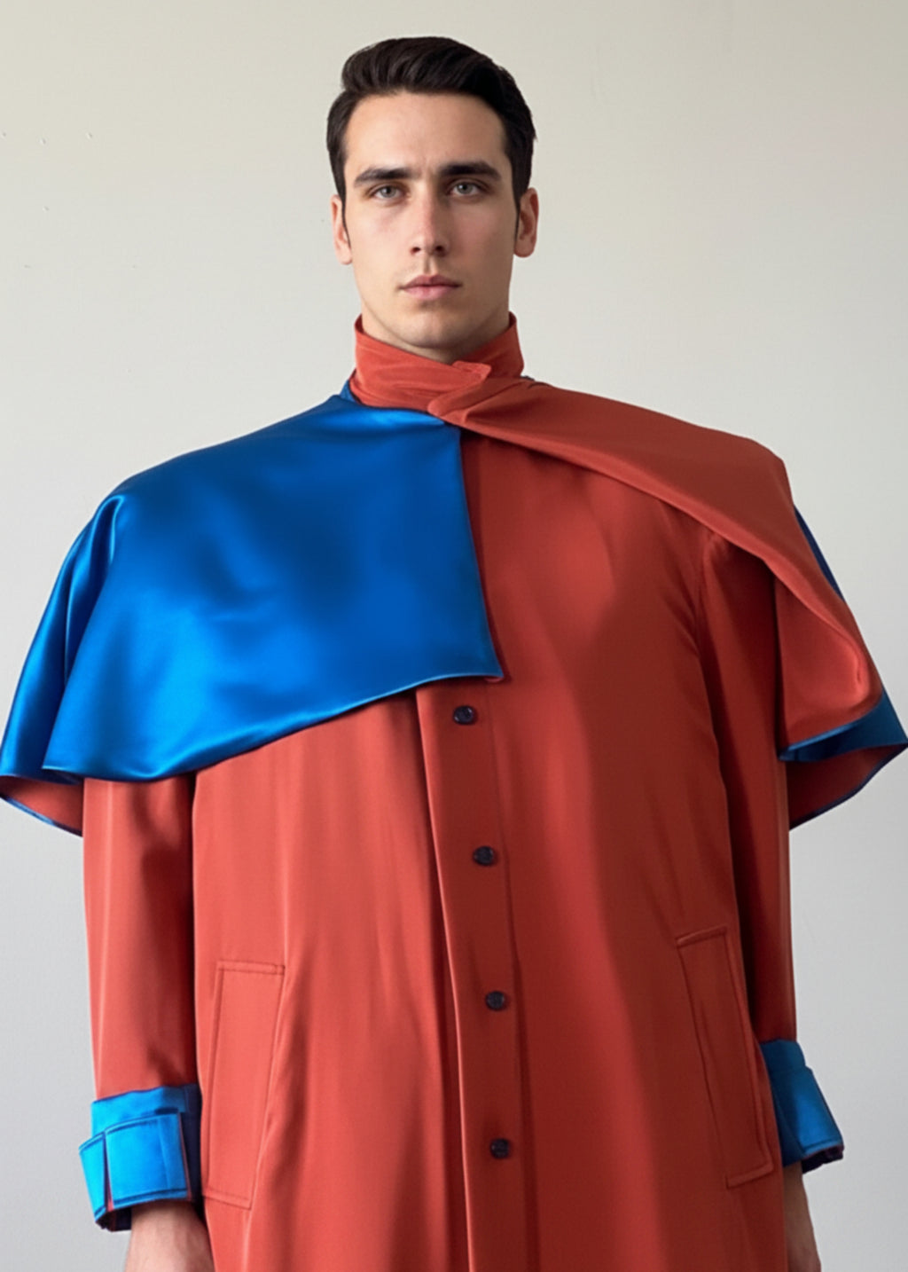 Stacy Stewart Smith Men's Baron Shower Coat on mannequin 6'3" closed with caplet over a shoulder on silk reverse side closeup frontal view.