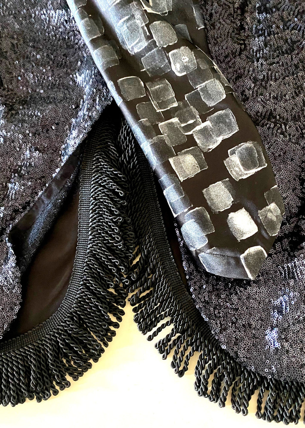 Stacy Stewart Smith Men’s Sequin and Hand-Printed Pixels Knight-Shirt zoomed detail view of side trim, sleeve and hanging bullion fringe. 